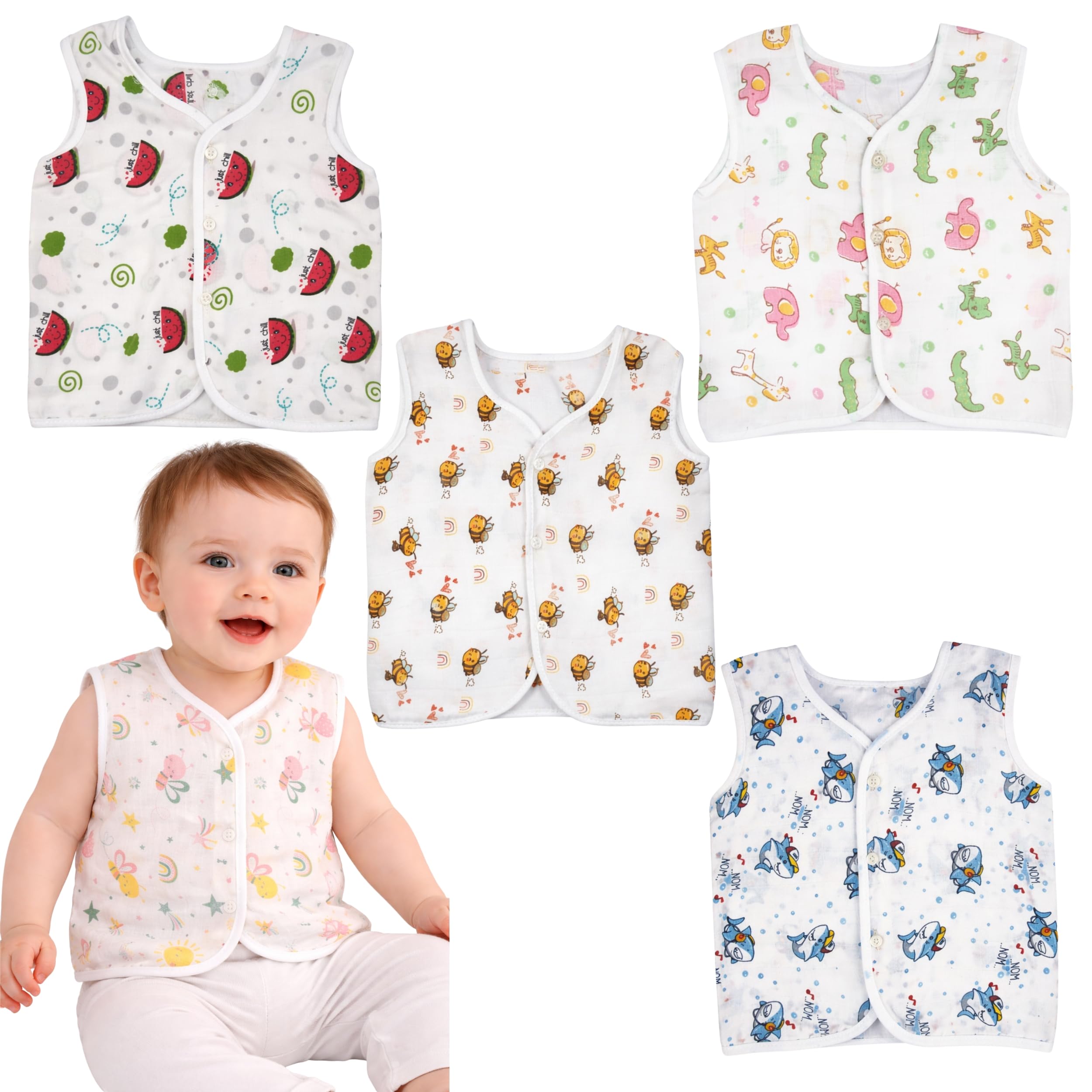 Muslin Cotton Baby Jabla | Soft Breathable Newborn Jhabla for Baby 0-3 & 3-6 Months | Organic Cotton Sleeveless Front Open Vest for Boys & Girls-image-38