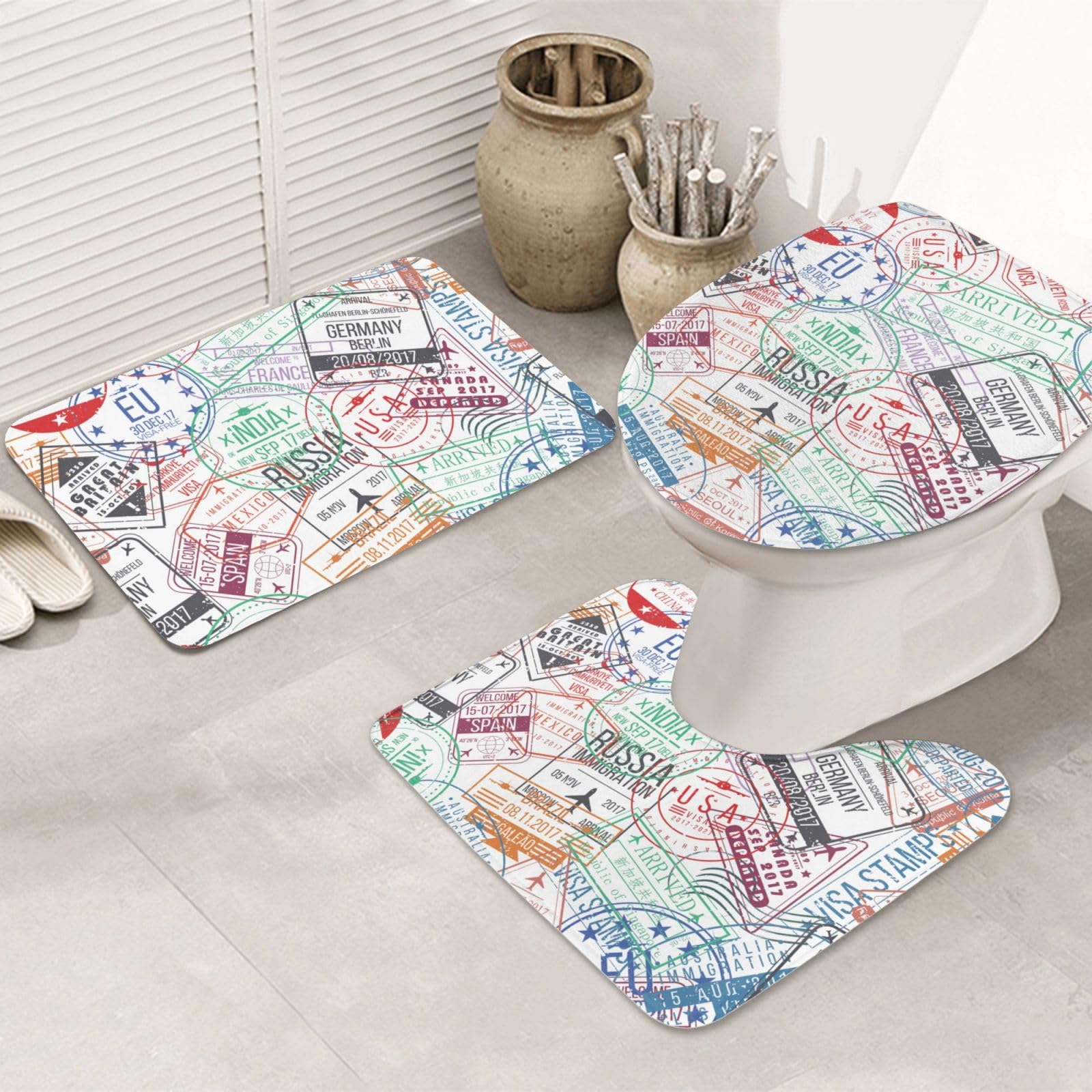Tapis de bain antidérapants VACSAX lot de 3 avec housse de toilette motif passeport