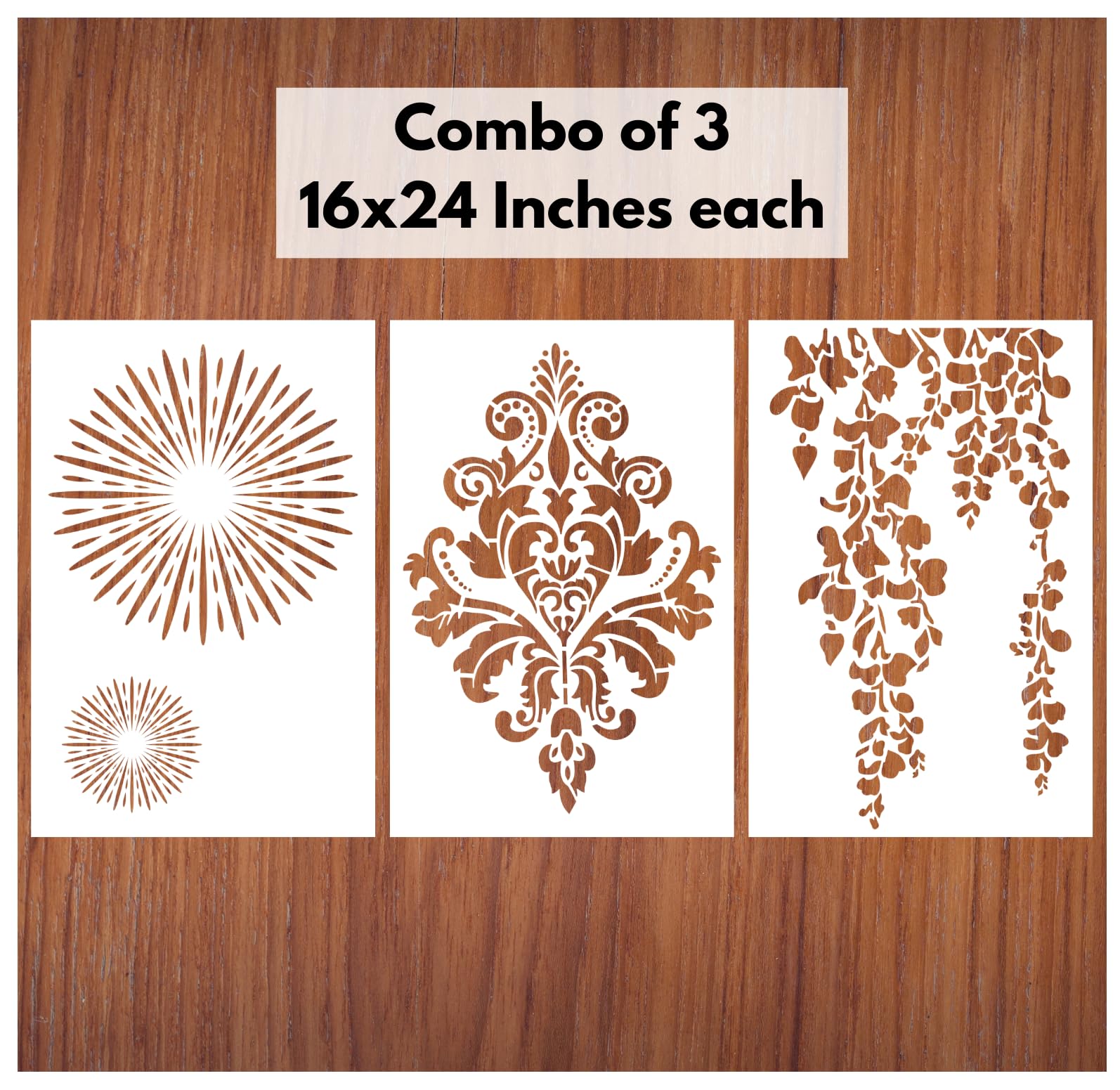 Stencil for Wall Painting Home Reusable Wall Stencil Designs Combo 3 of Fireworks, Damask Design Jodhpur, Creeper Leaf (16 x 24 inch)