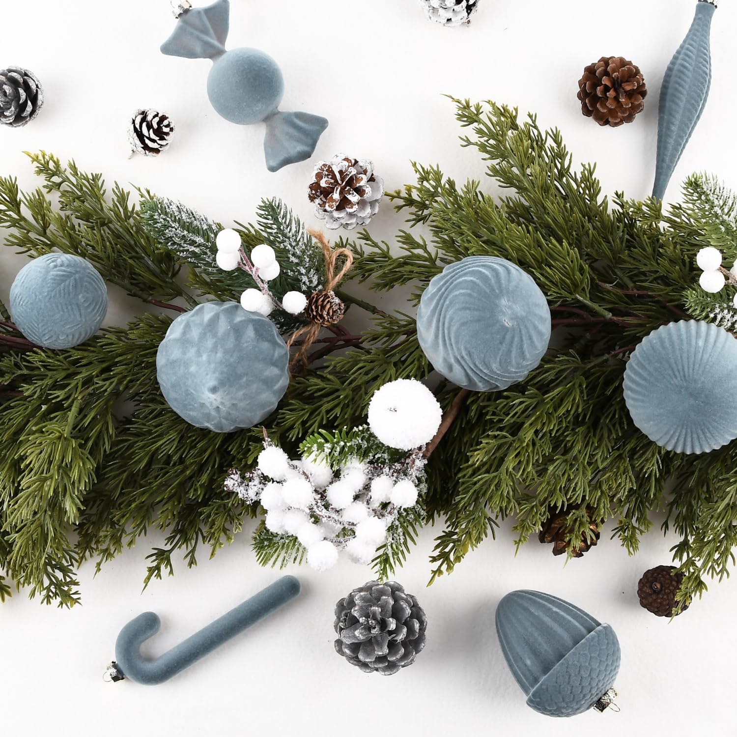 Velvet Ornaments for Christmas Tree Decorations - Dusty Blue Flocked Christmas Ornament Set for Winter Holiday Decor - Shatterproof Xmas Balls Ornaments Bulk - Pack of 24