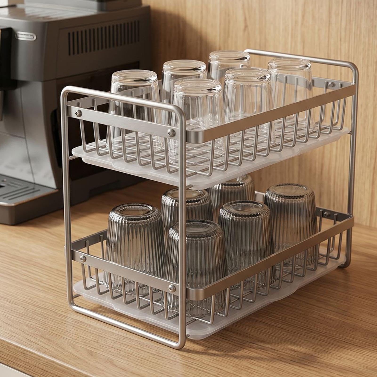 Escurridor de Tazas para Encimera Estante de Acero Inoxidable de Dos | con Bandeja de Antihumedad Organizador de Cocina para Vajilla de Encimera, Tazas de Café,