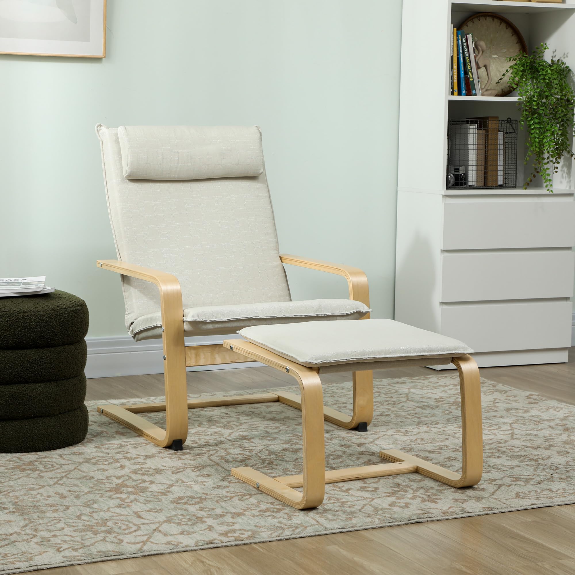 HOMCOM Sillón con Reposapiés Sillón Lectura con Respaldo Alto Reposacabezas Extraíble Patas de Madera y Tapizado en Lino Butaca para Salón Dormitorio Oficina Crema