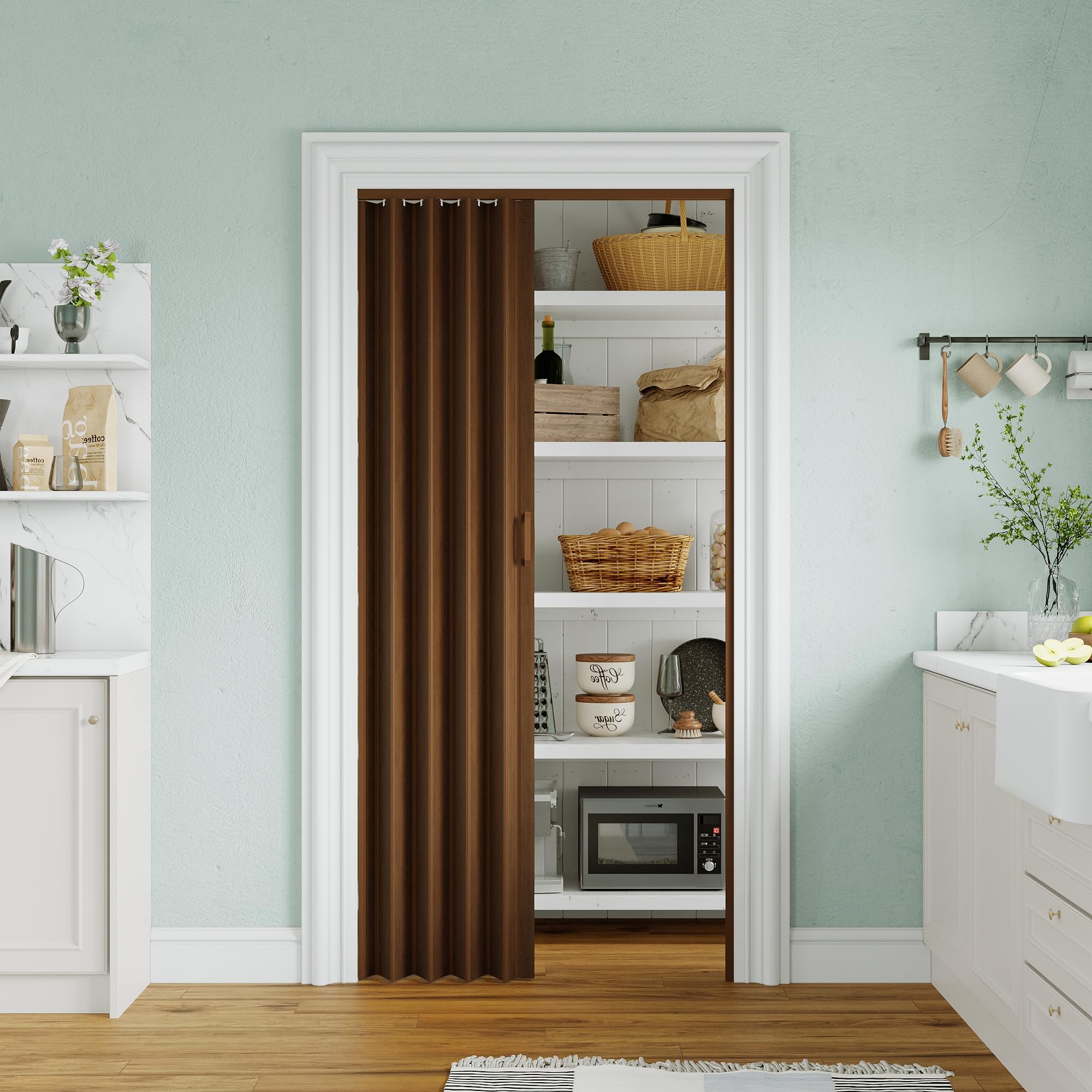 36" x 80" PVC Interior Accordion Door, Suitable for Door Opening Width: 24"-36", Walnut Folding Doors with Strong Magnet Closes Tightly, Trimmable Height & Width, Warm-Retaining and Easy to Clean