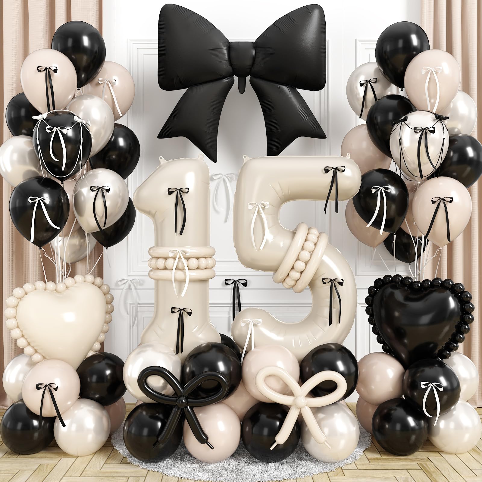 Beige Number 15 Balloon 40 Inch, Double Stuff Pearl White Black Cream Latex Balloons Large 15 Digital Bow Heart Foil Balloon with Ribbon Bow for Girls Coquette 15th Birthday Anniversary Party Decor โ image 1