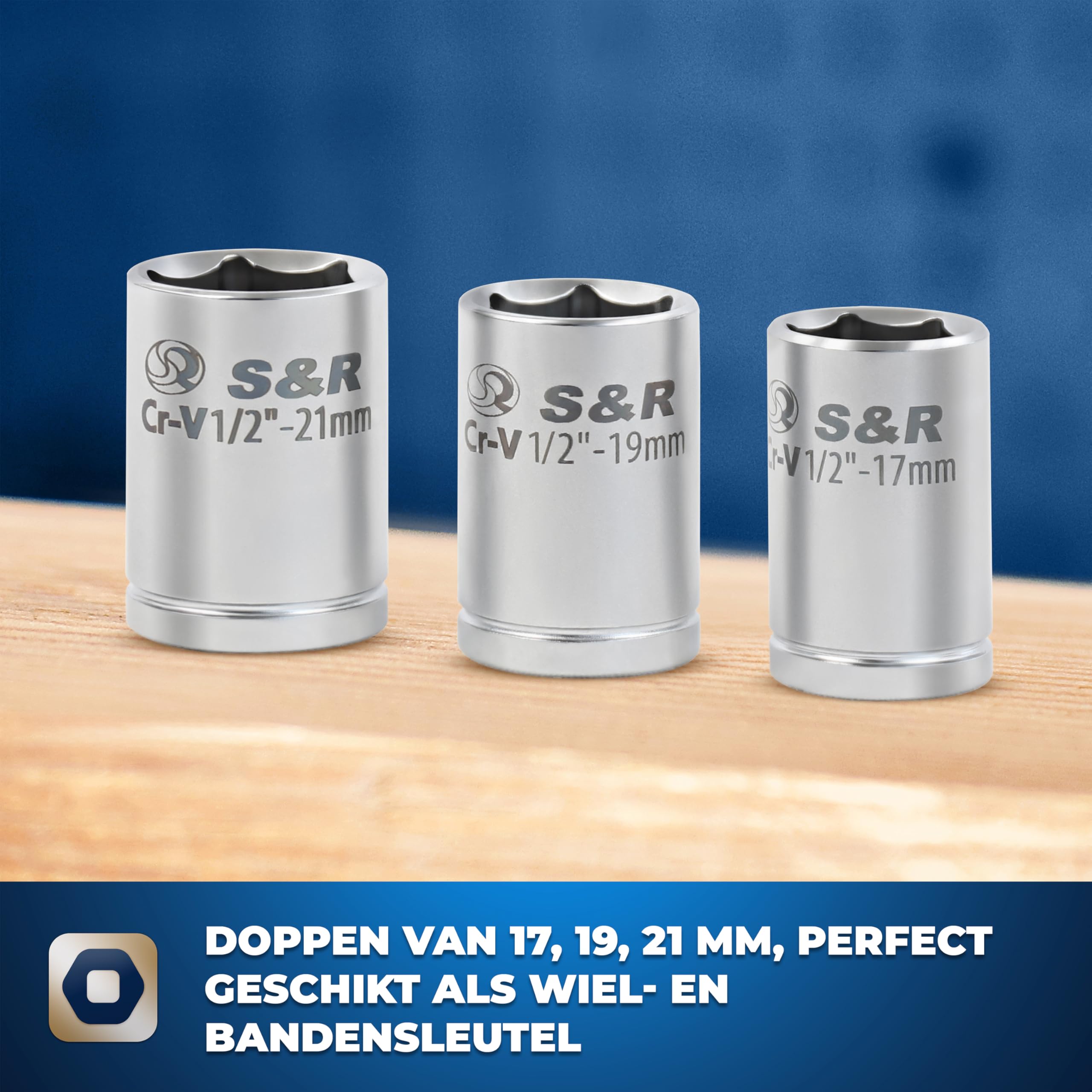 S&R veelzijdige 1/2-inch momentsleutel met spindelgreep – robuust gereedschap voor het wisselen van wielen en banden van auto en fiets, incl. doppen van 17mm, 19mm, 21mm, 70-170Nm, CrV-staal