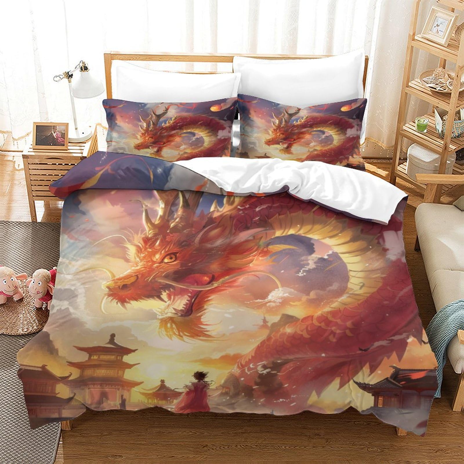 Housse de couette Le Dragon literie microfibre respirante 140x200cm avec taies d'oreiller 3D