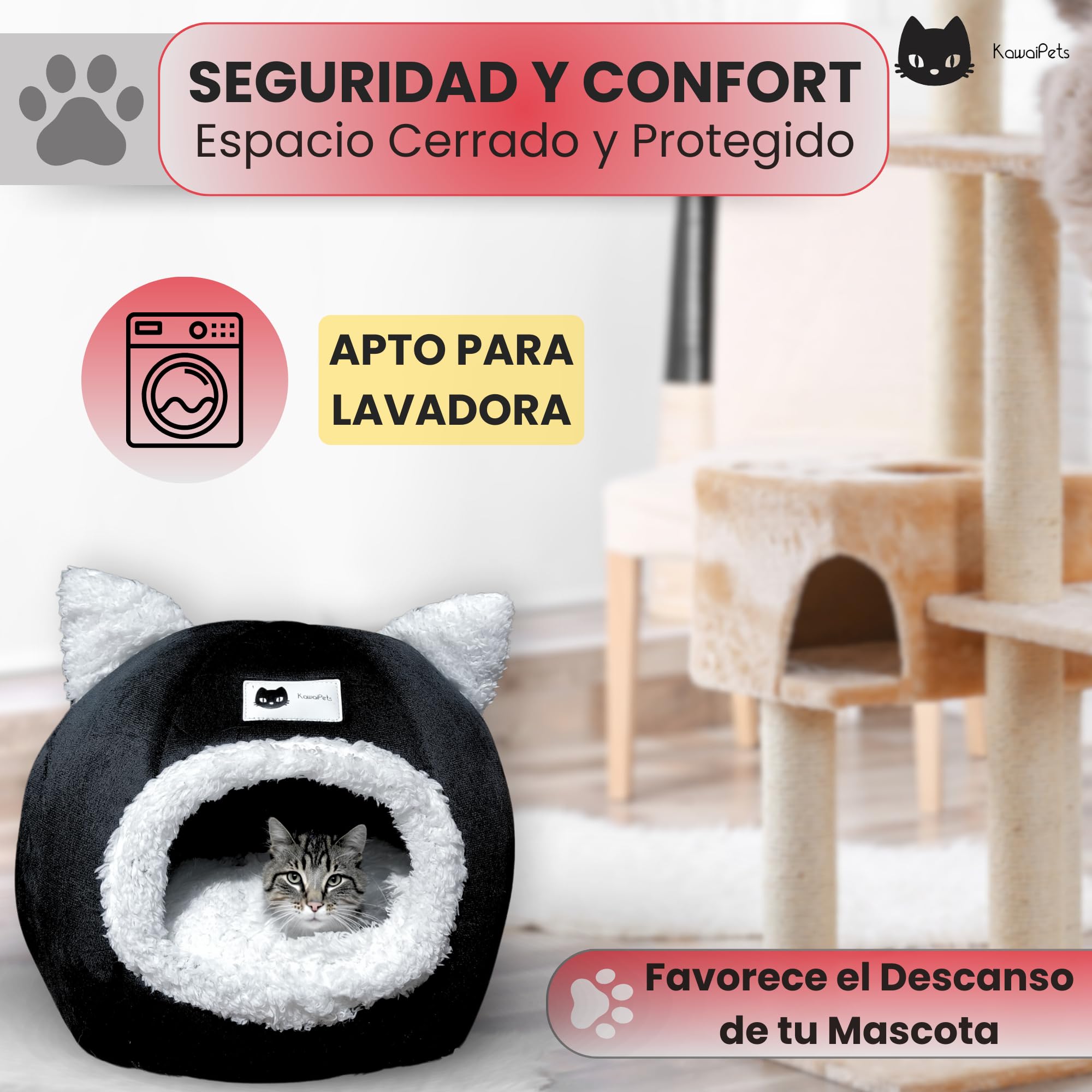 Cama para Gatos y Perros Pequeños 2 en 1, Refugio Cueva Suave, Cama Lavable con Juguete y Collar - 40x40x40 cm - Color Negro
