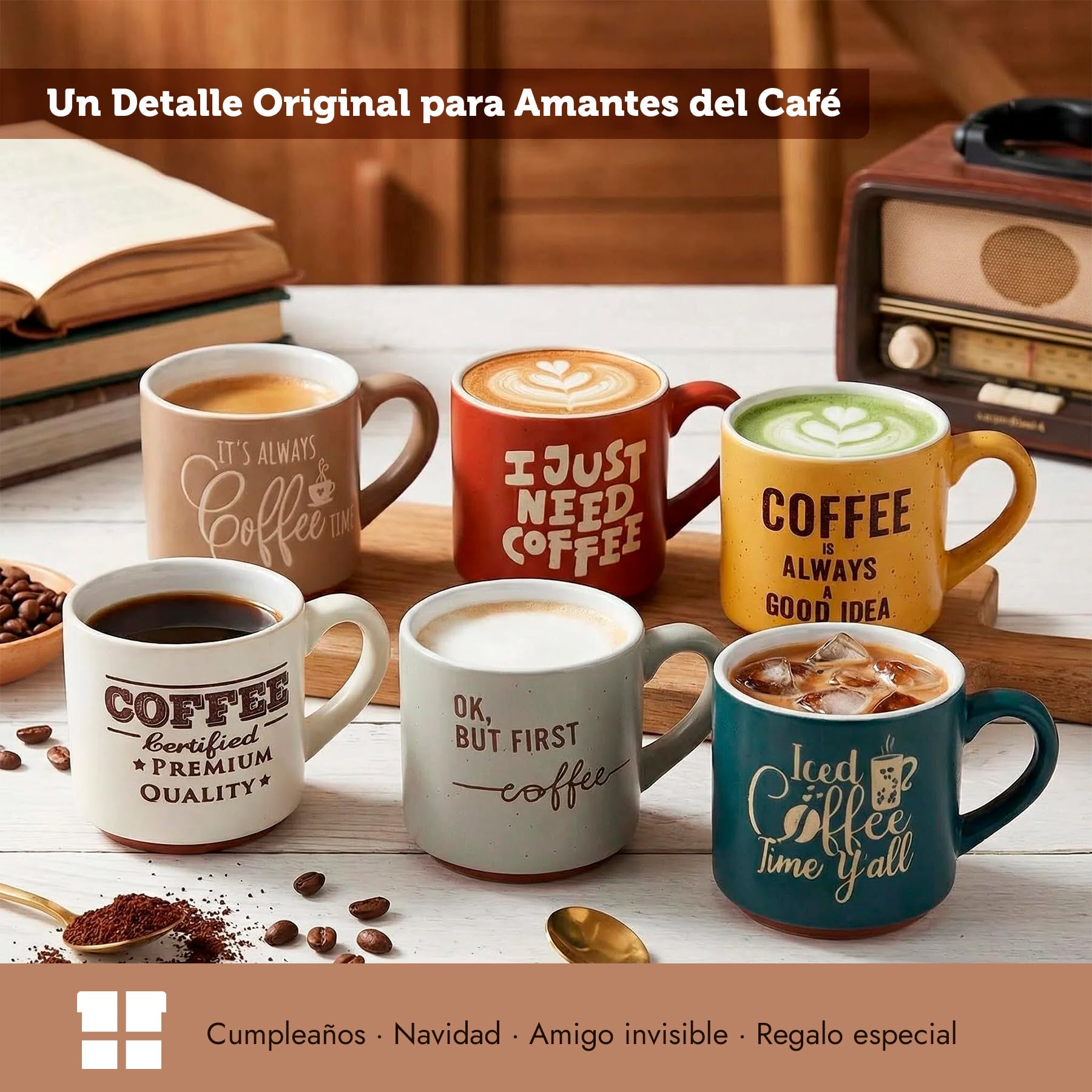 Set de 6 Tazas de Café de Cerámica con Frases Divertidas – Tazas Apilables para Espresso, Café con Leche o Americano – Aptas para Microondas y Lavavajillas – Caja Regalo con 6 x (Lungo / Con Leche) - 3