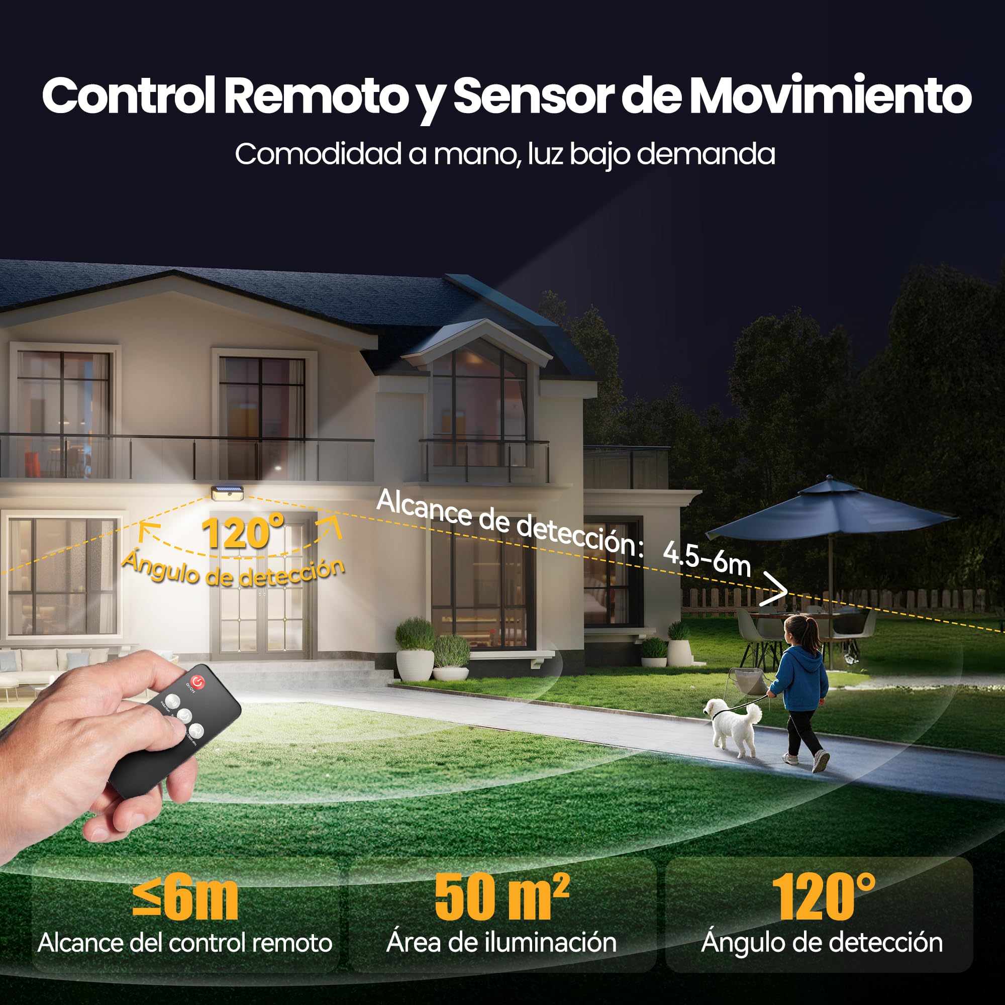 TECKNET Luz Solar Exterior, 546 LED,Iluminación de 300°, Foco Solar Exterior con Mando a Distancia, IP66 Impermeable, Focos Led Exterior Solares con Ganchos, para Jardines, Garajes, Patio