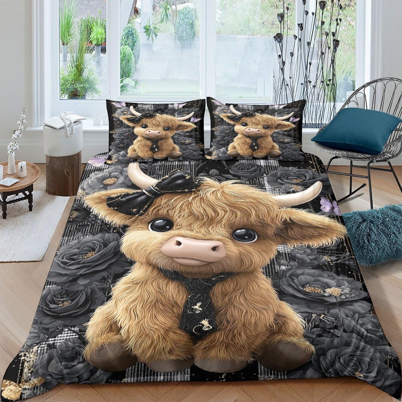Mjfcoin Style Highland Cow Duvet Cover Set 3 Pcs Hotel Quality Quilt Cover Bed Sets Bed Covers With Pillowcases With Zipper Closure Ultra Soft Anti Allergic Microfiber King（220X240cm）