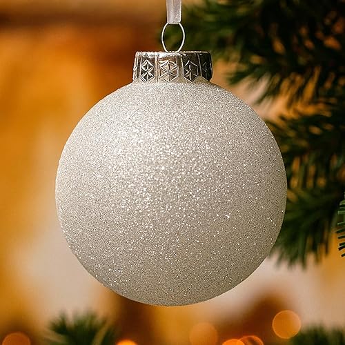 SLEETLY 28pc White Christmas Ball Ornaments for Farmhouse Tree Holiday Xmas Decorations, Large Shatterproof Plastic 3.15 Inch Glitter Snow Balls with White Ribbon Hangers, Icicles and Snowflakes Set