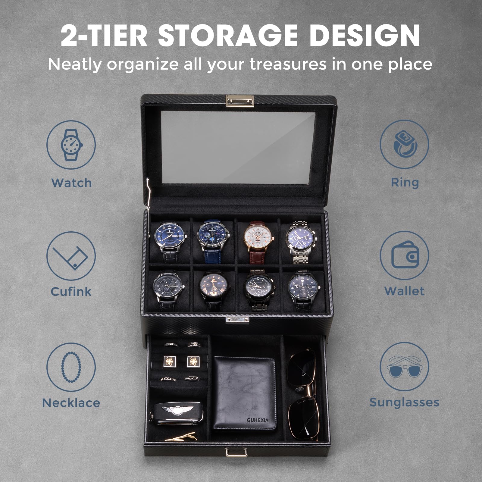 ProCase 8 Slot Scatola Orologio per Gli Uomini, Gioielli Organizzatore Scatola con Cassetto, Mostra Custodia con Coperchio di Vetro -Tutto Nero