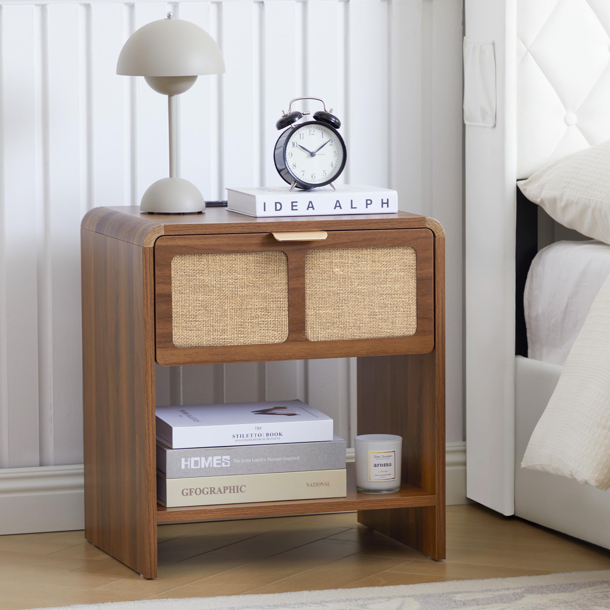LEVNARY Compact Nightstand with Charging Station, Small Bedside Table with Curved Top Corners and 2 Drawers, Mid-Century Modern Wooden End Table for