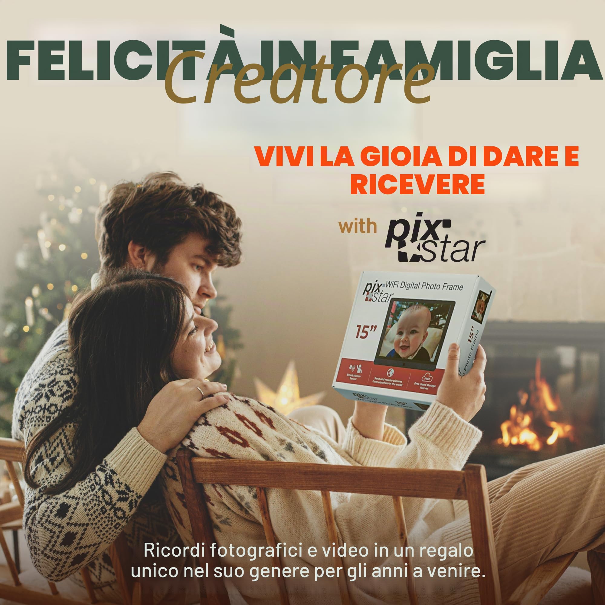 Cornice digitale WiFi da 15 pollici Pix-Star con indirizzo e-mail e archiviazione cloud gratuita | Regalabilissima per i nonni | display IPS | Sensore di movimento | Semplice installazione