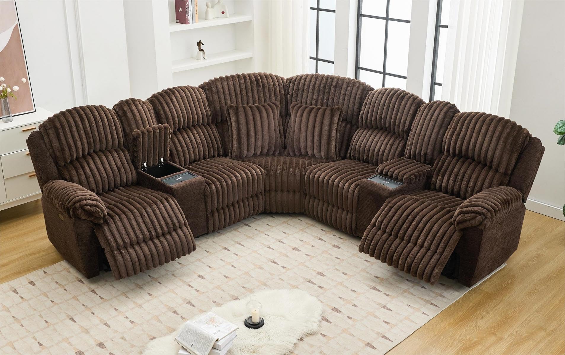 Power Recliner Sectional Sofa with Wireless Charger Electric Reclining Sectionals Couch Sets 2 Fuzzy Rabbit Plush Recliner 2