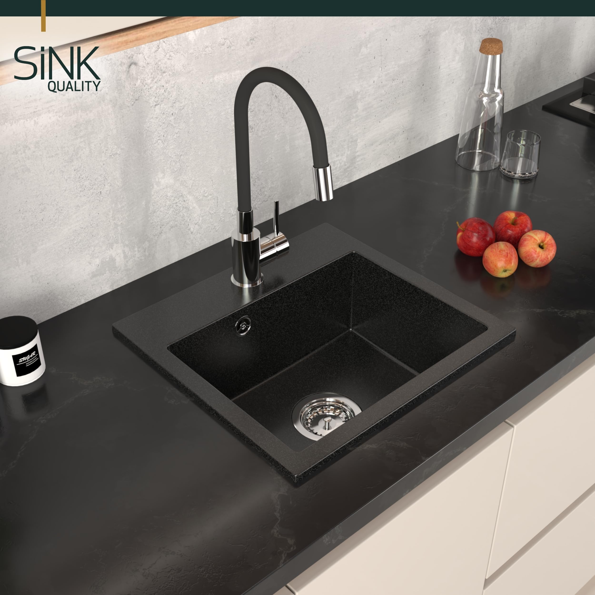 SINK Quality zlewozmywak czarny 45 × 42 cm – zlewozmywak z syfonem – umywalka do szafki pod umywalkę od 45 cm – zlewozmywak granitowy 1 umywalka – czarny zlew bez ociekacza