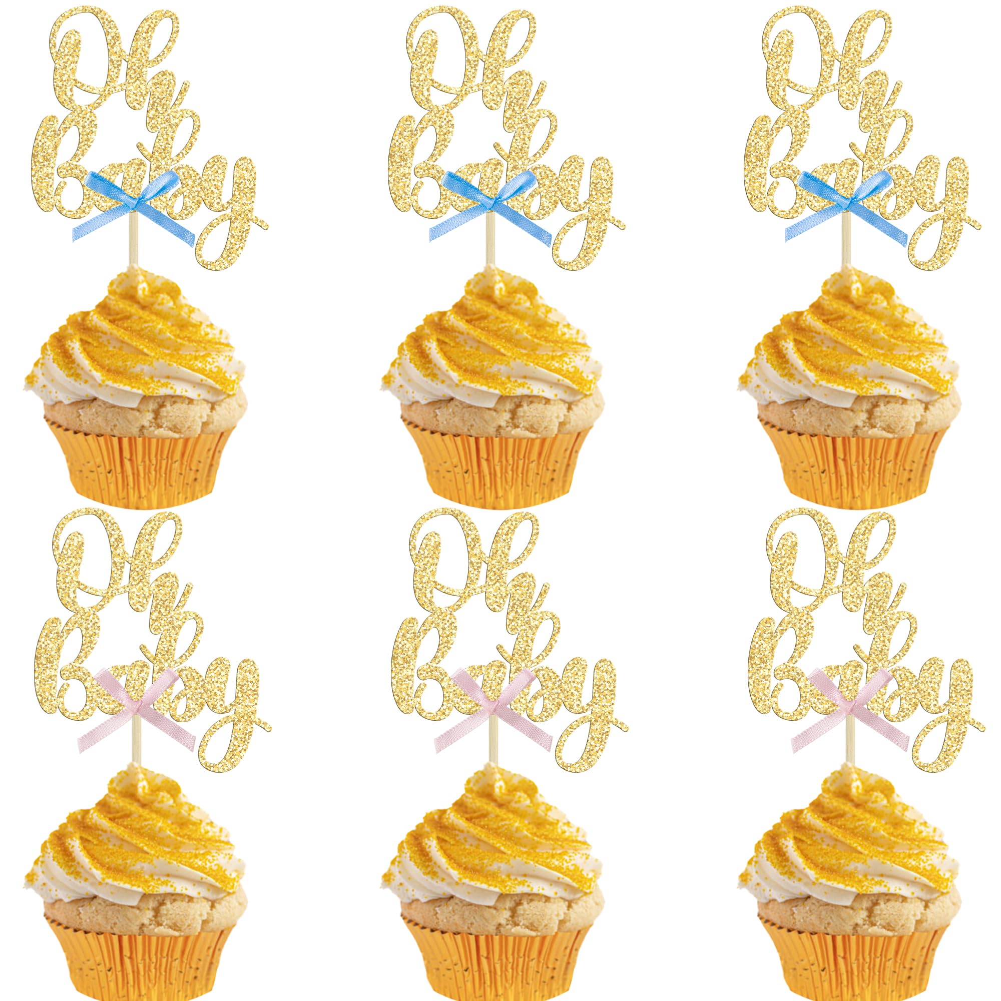 Gyufise 36Pcs Oh Baby Cupcake Toppers with Blue Pink Bowknot Gold Glitter Baby Shower Cupcake Picks Gender Reveal Cupcake Topper Decorations for