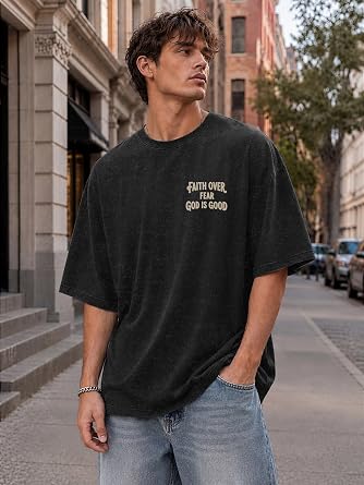 Men's Christian Jesus Shirt Faith Over Fear T-Shirt, Oversized Acid Wash Graphic Tee, Religious God Tee for Daily Wear