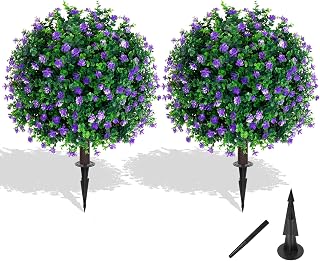 Grooy 2 Pack Artificial Topiary Trees with Flowers for Outdoor