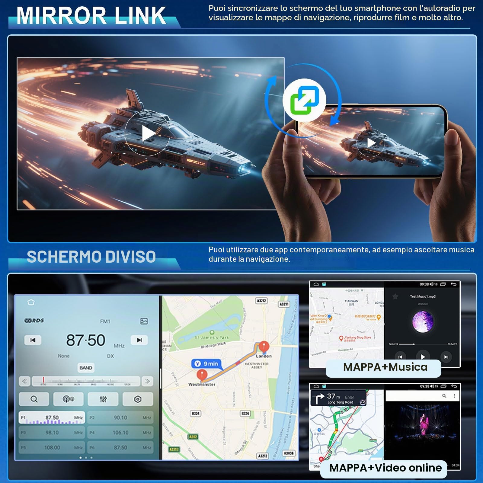 4+64G Android 14 Autoradio Stereo per Ford Ka 2008-2014 con Wireless Carplay Android Auto, 9 pollici Touch Screen Radio Lettore Multimediale con navigazione GPS FM RDS Mirror Link SWC Schermo diviso