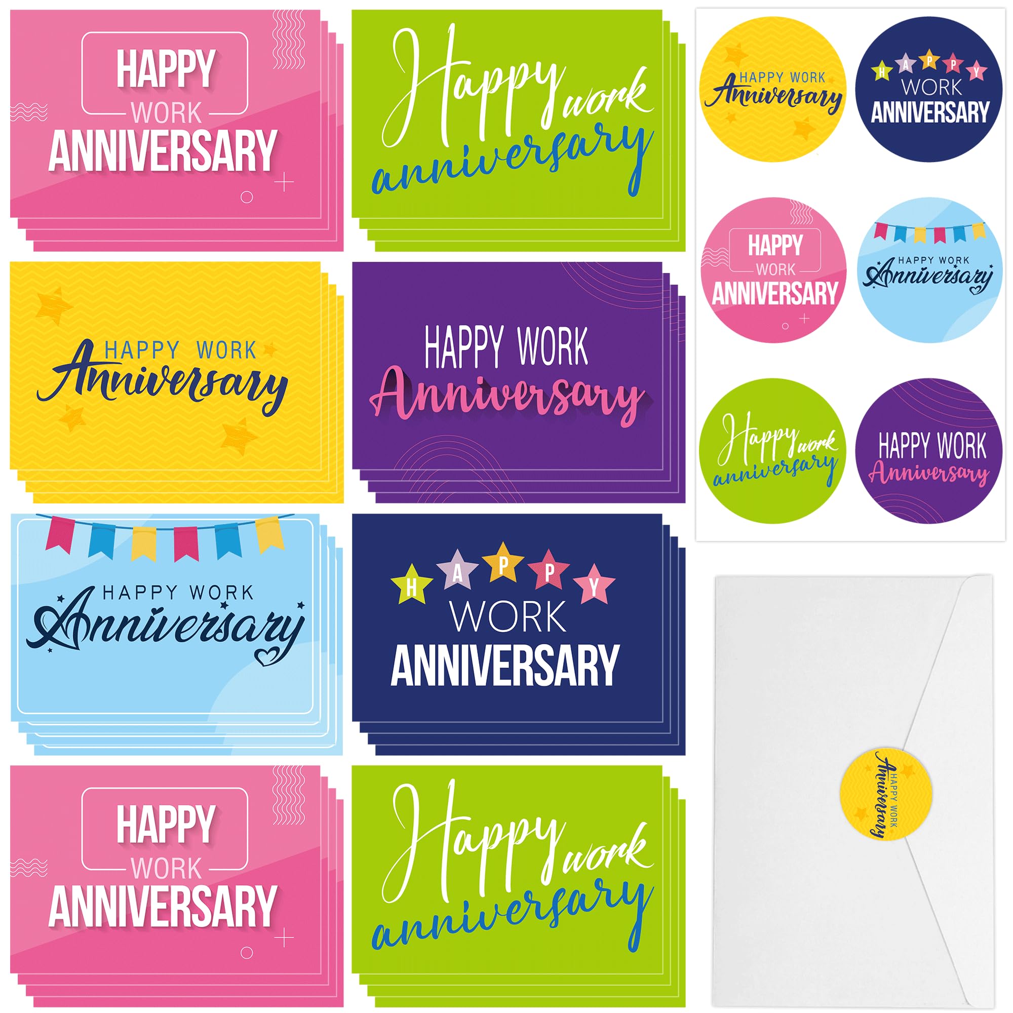 Justforjoyful 72 zestawy kartek rocznicowych Happy Work Business Employee Anniversary Cards Kartki z podziękowaniami 6 wzorów z kopertami i naklejkami dla pracowników, zespołów roboczych, kartki