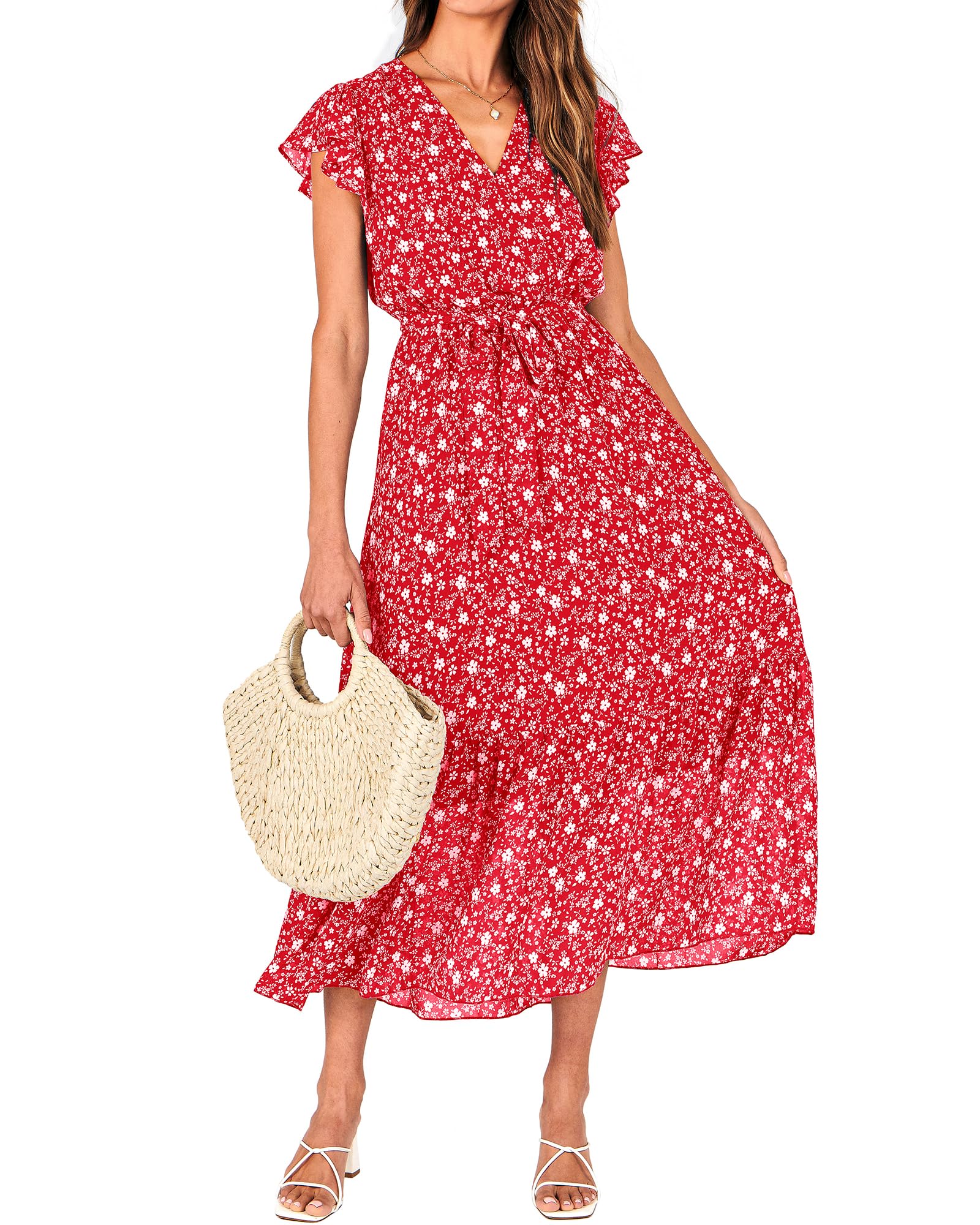 BTFBM Women Summer Bohemian Floral Casual Wrap V Neck Ruffle Cap Sleeveless Belt A-Line Pleated Hem Midi Sun Dress White