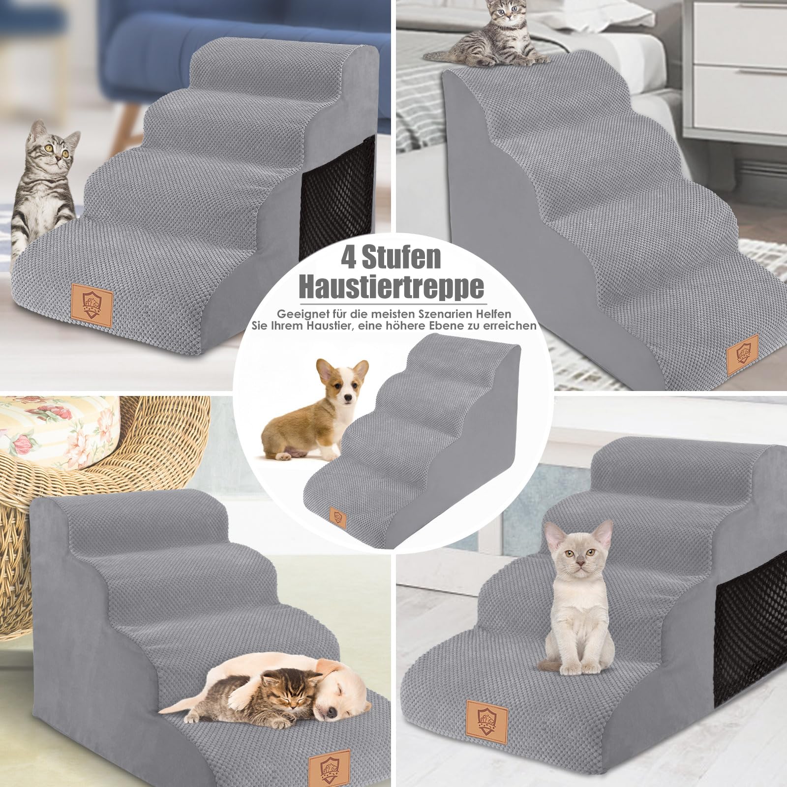 Myiosus Scaletta per Cani a 4 Gradini, Scala per Cani di Grossa Taglia, Superficie Antiscivolo, Lavabile per Cani Scale Rimovibile, per Letto & Divano, Invia 1 Rullo per Lanugine