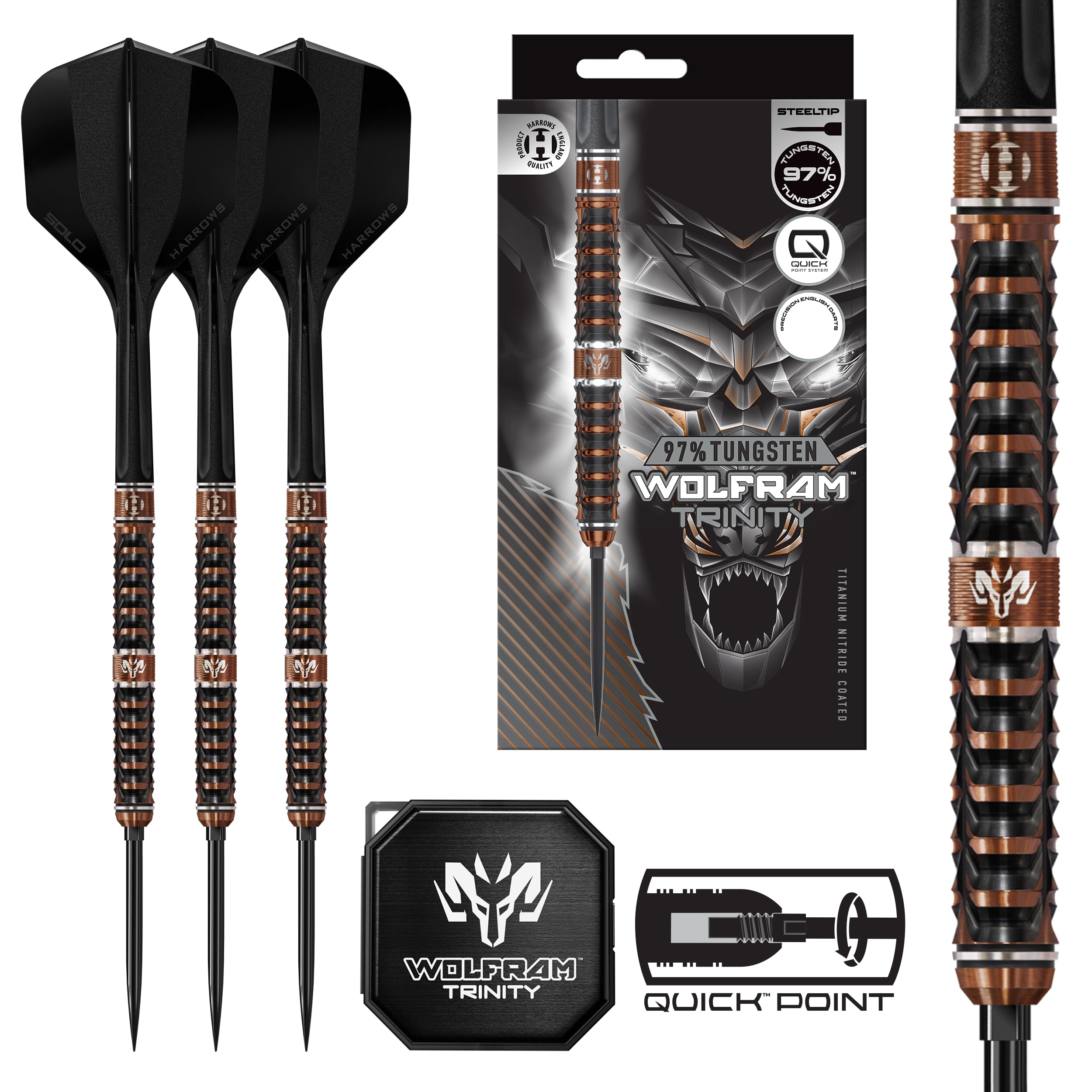 Harrows Wolfram Trinity 97% Tungsten Steel Tip Darts Set, CNC-Milled Premium Barrels with Bronze TiN & Black Electroplate Coating, Solo Integrated Shaft & Flight System (25g)