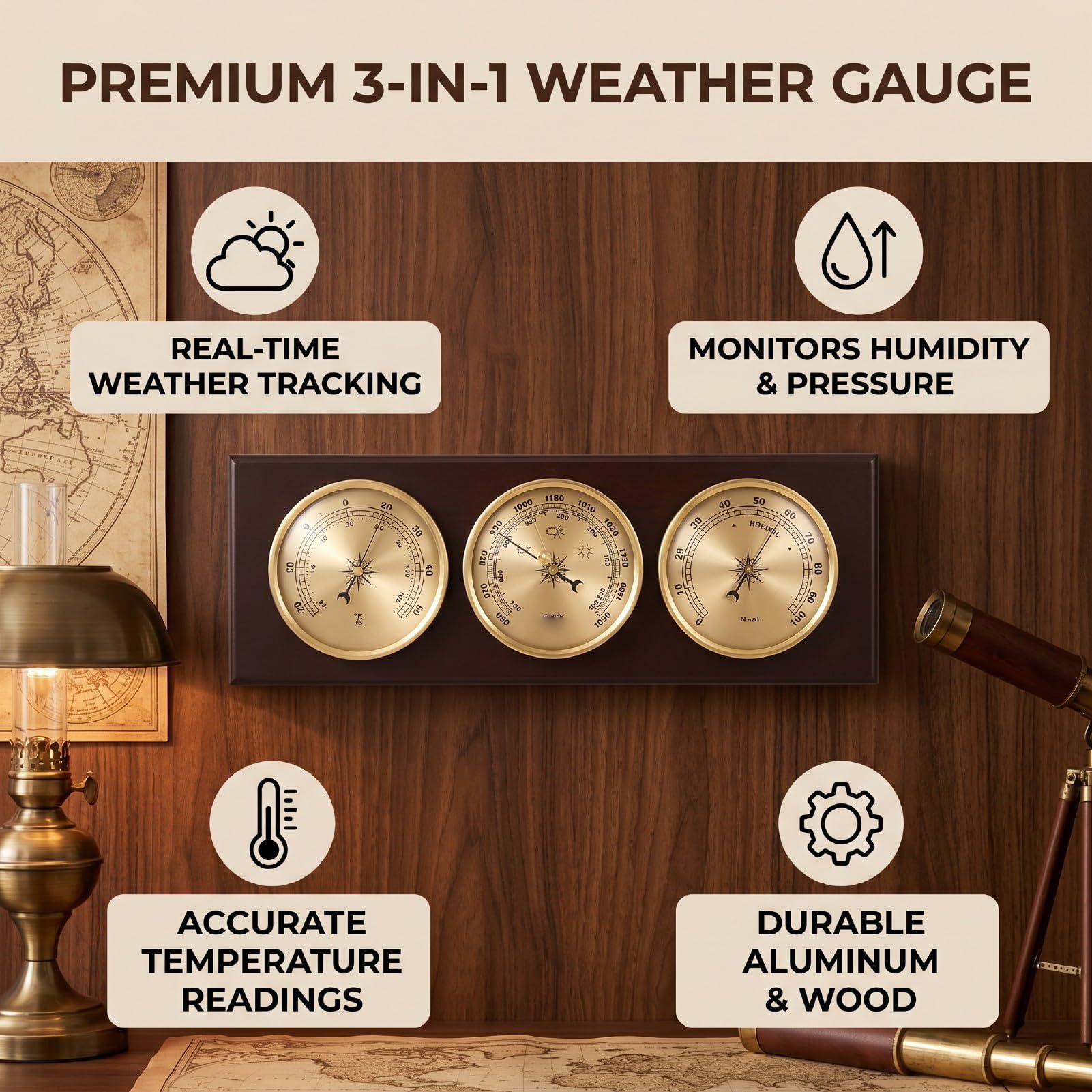 Naroote 3-in-1-Wetterstation, Barometer, Thermometer, Hygrometer Wandmontage