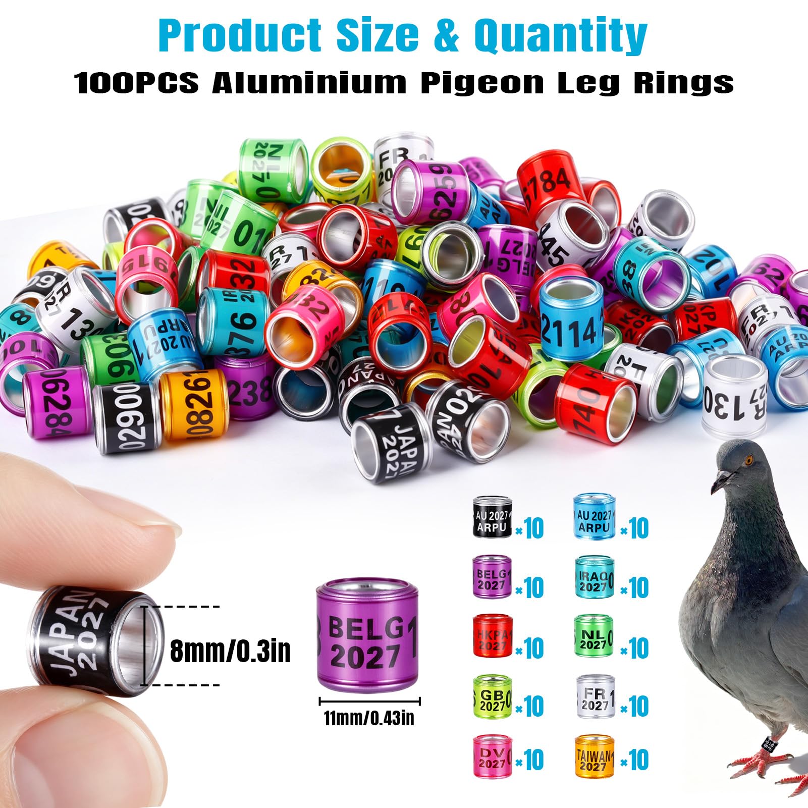 Anillos de aluminio para patas de paloma 10 colores identificación bandas 2026