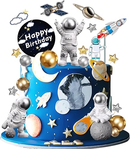 28 piezas de astronauta espacial para tartas espaciales, figuras de astronauta, planeta, cohete, satélite, bolas de perlas y estrellas, decoraciones