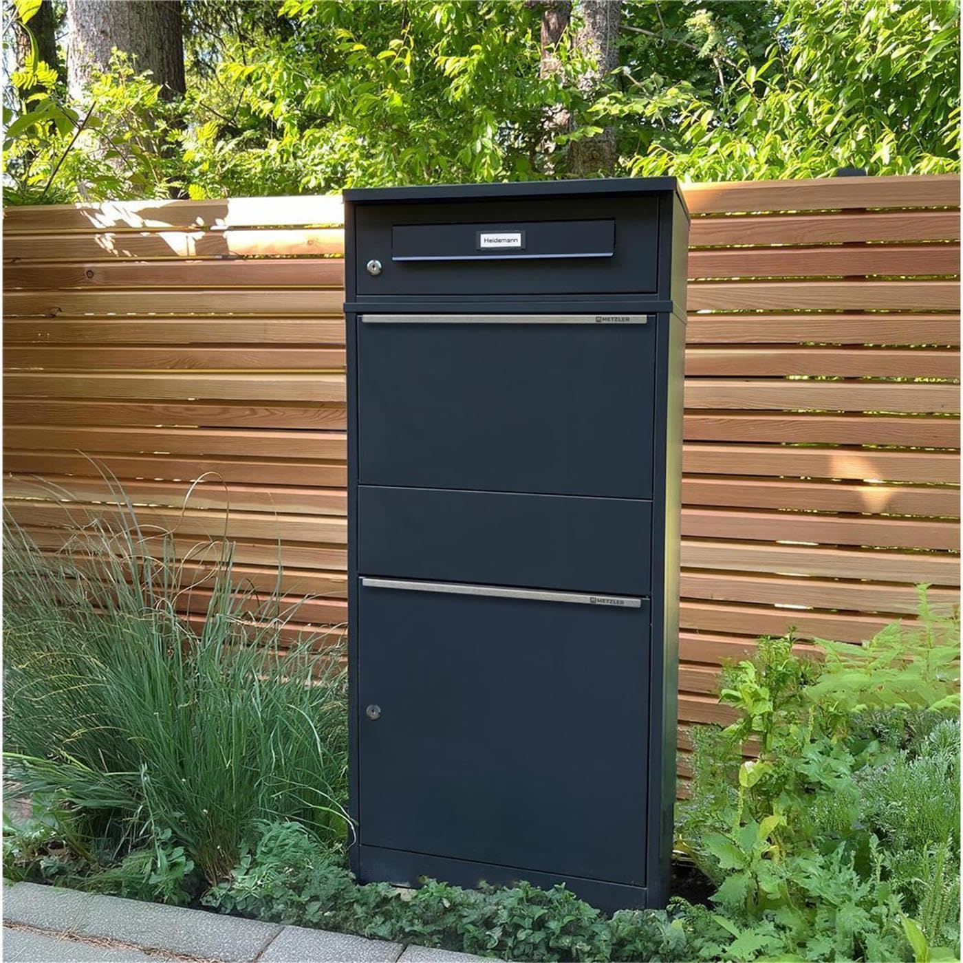 Metzler® boîte à Colis et Lettres avec Plaque de nom Interchangeable et Double Compartiment, Anthracite RAL7016, Acier thermolaqué résistant aux intempéries, Montage Facile, Bispo RE