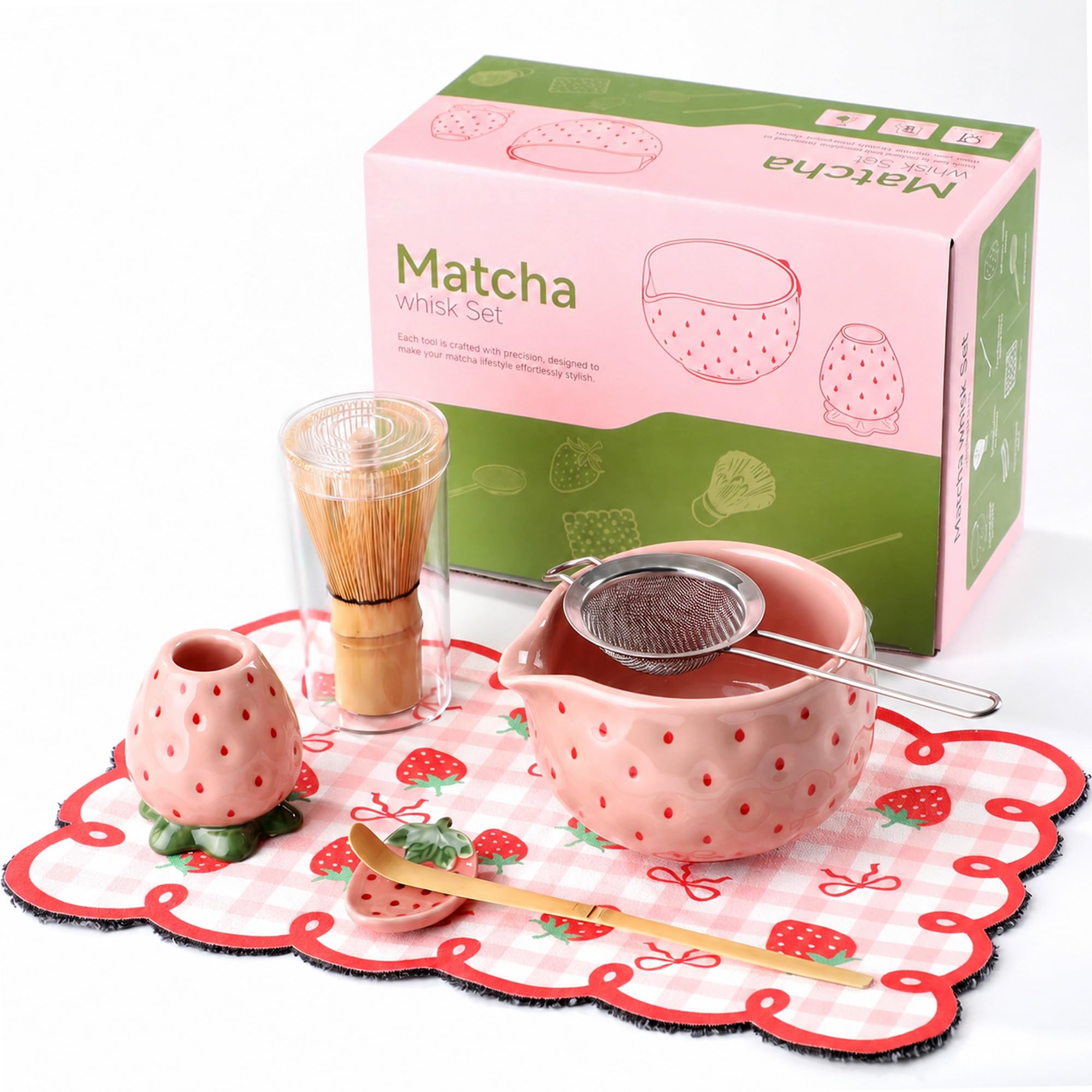 GBBG 7 Pcs Matcha Set, Pink Strawberry Matcha Kit, Ceramic Matcha Whisk and Bowl with Scoop&Sifter, Matcha Tea Set for Beginners, Gift for Matcha Lovers