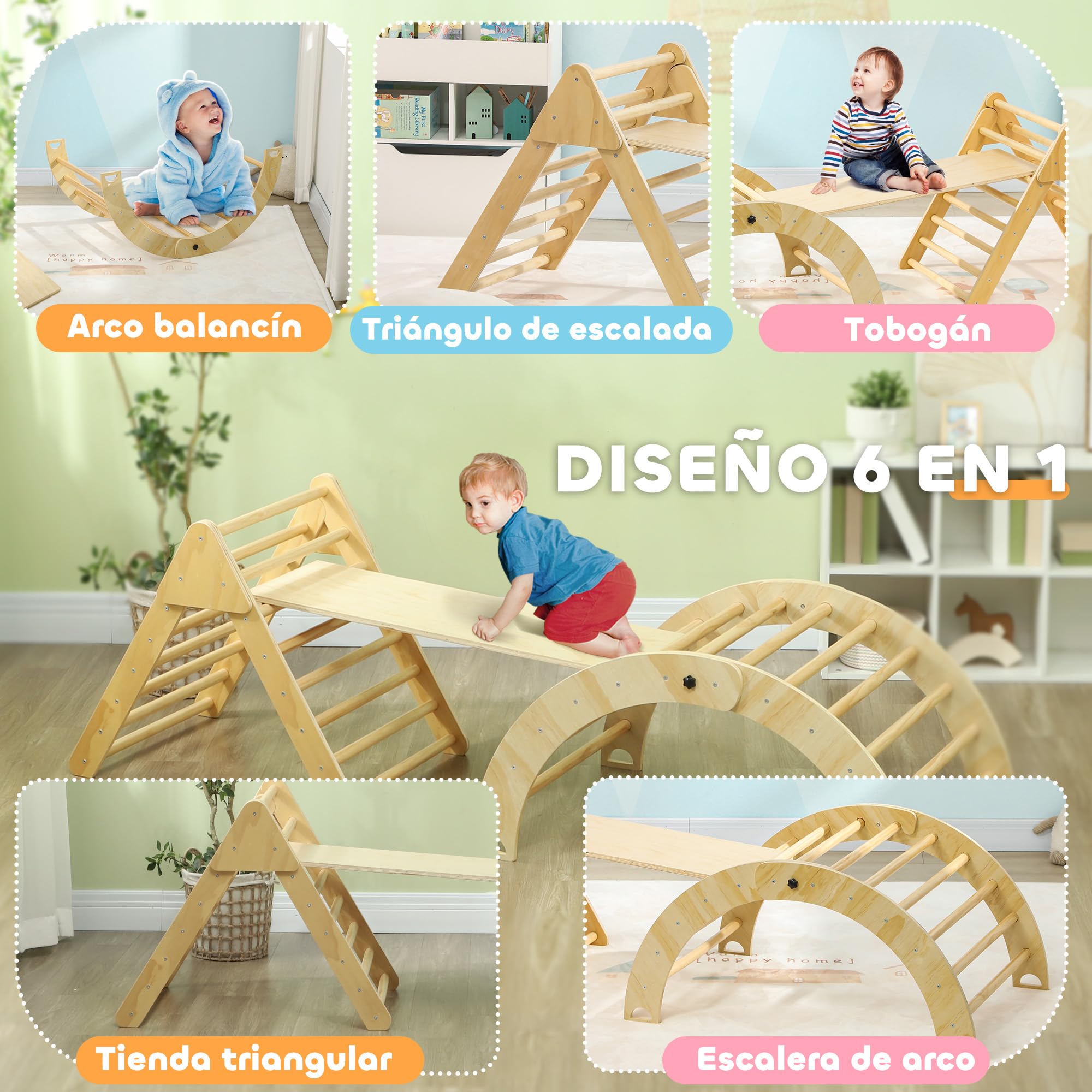 AIYAPLAY Triángulo de Escalada de Madera 4 en 1 Montessori Escalada para Niños de 18-48 Meses con Rampa Juego de Escalada de Arco para Deslizarse o Trepar 219x72,5 cm Natural