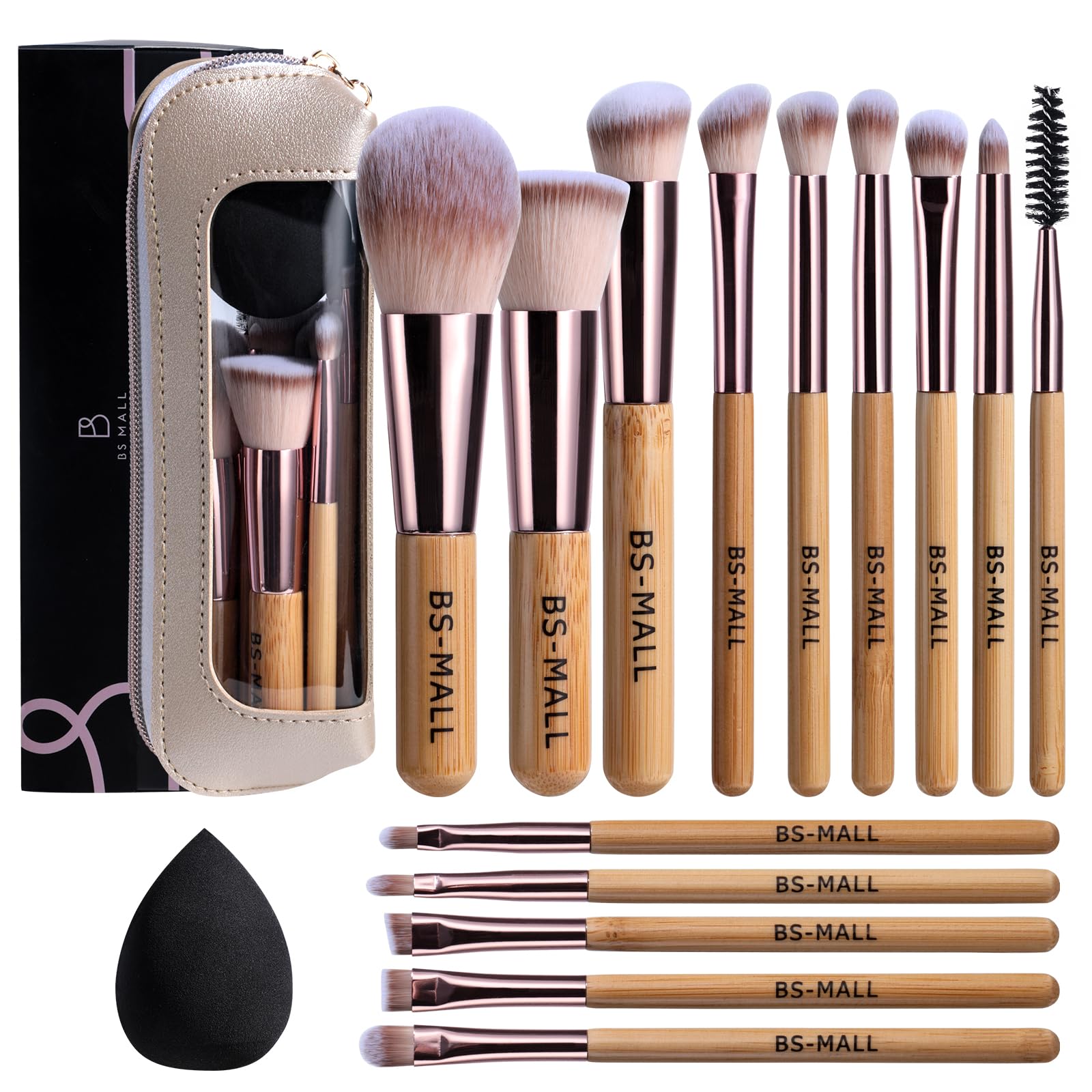 BS-MALL 14 Pcs Makeup Brushes Set with 1 Pcs Makeup Sponge – Essential Foundation Powder Concealers, Eye Shadows, Blush Makeup Brushes with Travel Makeup Case (Bamboo)