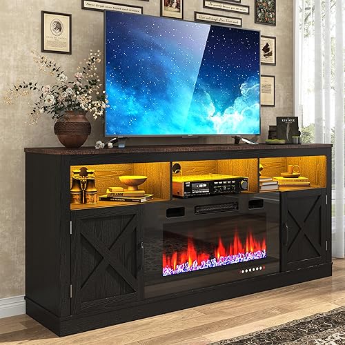 Miniatura 16 de Soporte de TV con chimenea de granja para TV de 70/75/80 pulgadas, centro de entretenimiento de 32 pulgadas de alto con chimenea eléctrica de 36