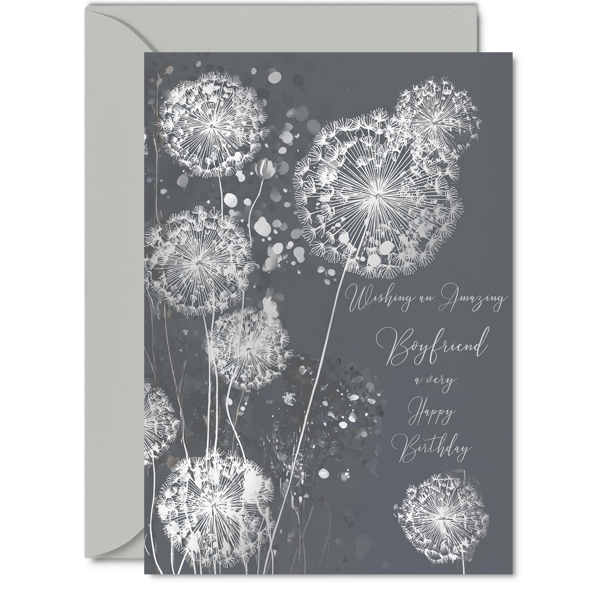 Silver Boyfriend Birthday Card - Shimmering Dandelions - Happy Birthday Card for Boyfriend from Girlfriend Partner, 5x7 Inch Silver Elegant and Modern Bday Greeting Cards