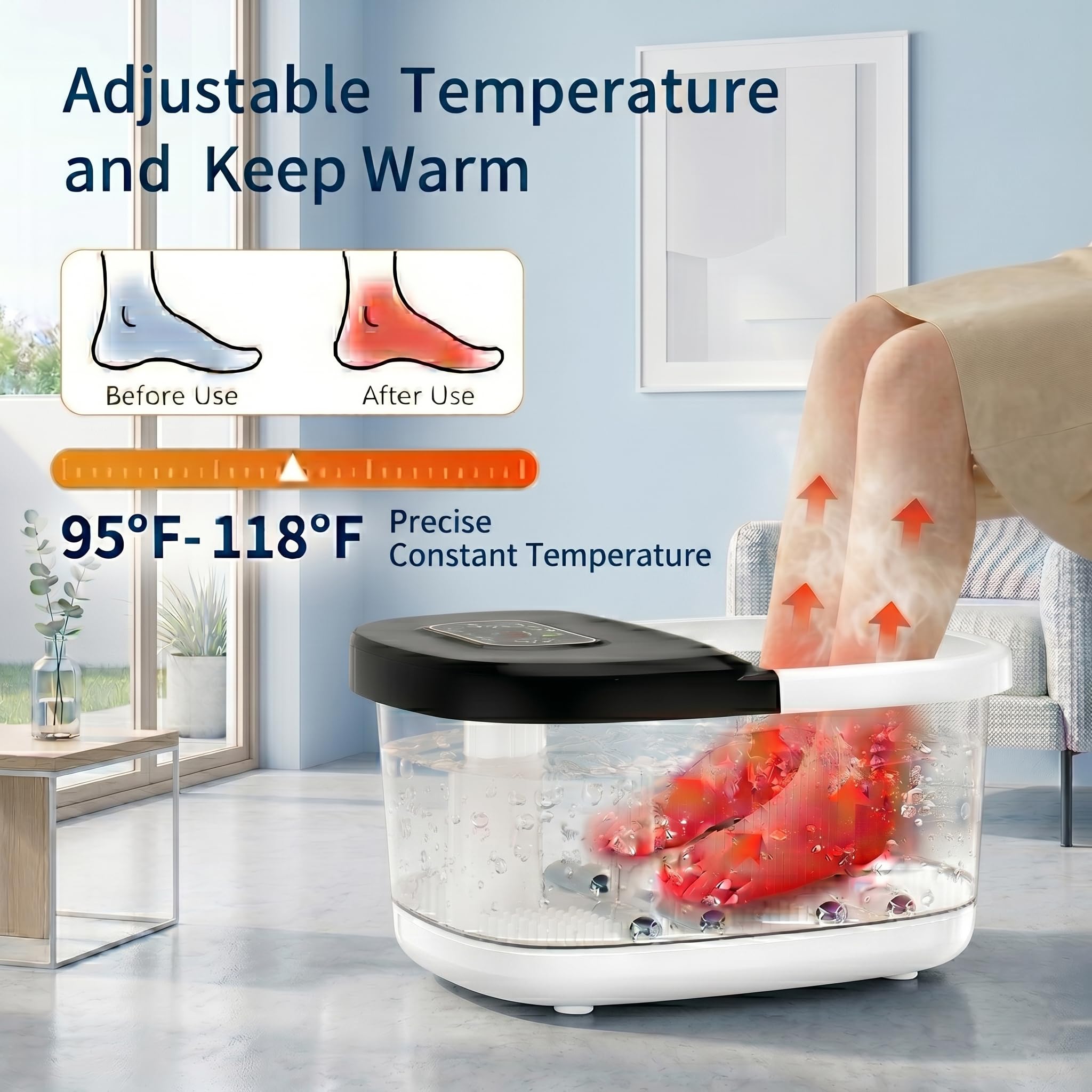 RIGHTMELL Spa per piedi con ozono e luce blu, massaggio a bolle e 8 rulli, temperatura costante regolabile (35 ° C-47,8 °C), massaggiatore per piedi di grande capacità con sale Epsom, per rilassarsi a