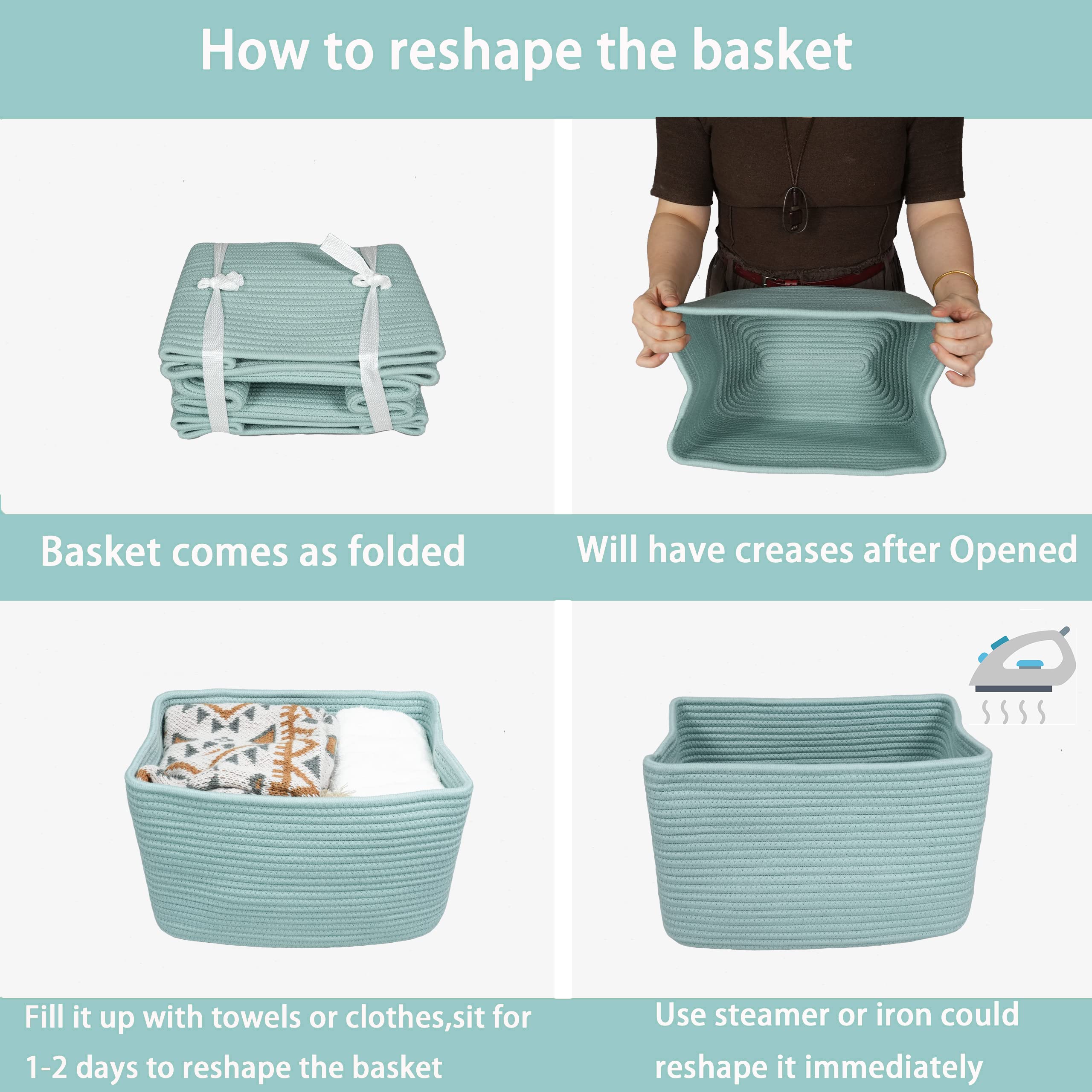 Cotton Rope storage Basket Bins Woven Basket for Organizing Shelves Rectangle Decorative Baskets For storage Clothes Toys Books Towels Square Wicker Nursery basket organizer 3 pack Green