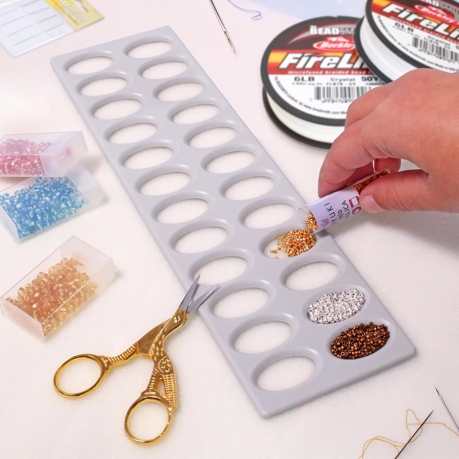 The Beadsmith Bead Mat and Sorter Set – Basic Elements – 11” x 3.13” Tray w/ 24 Holes and 11” x 14” Soft Mat, Use to Keep Seed Beads Organized, 2pc
