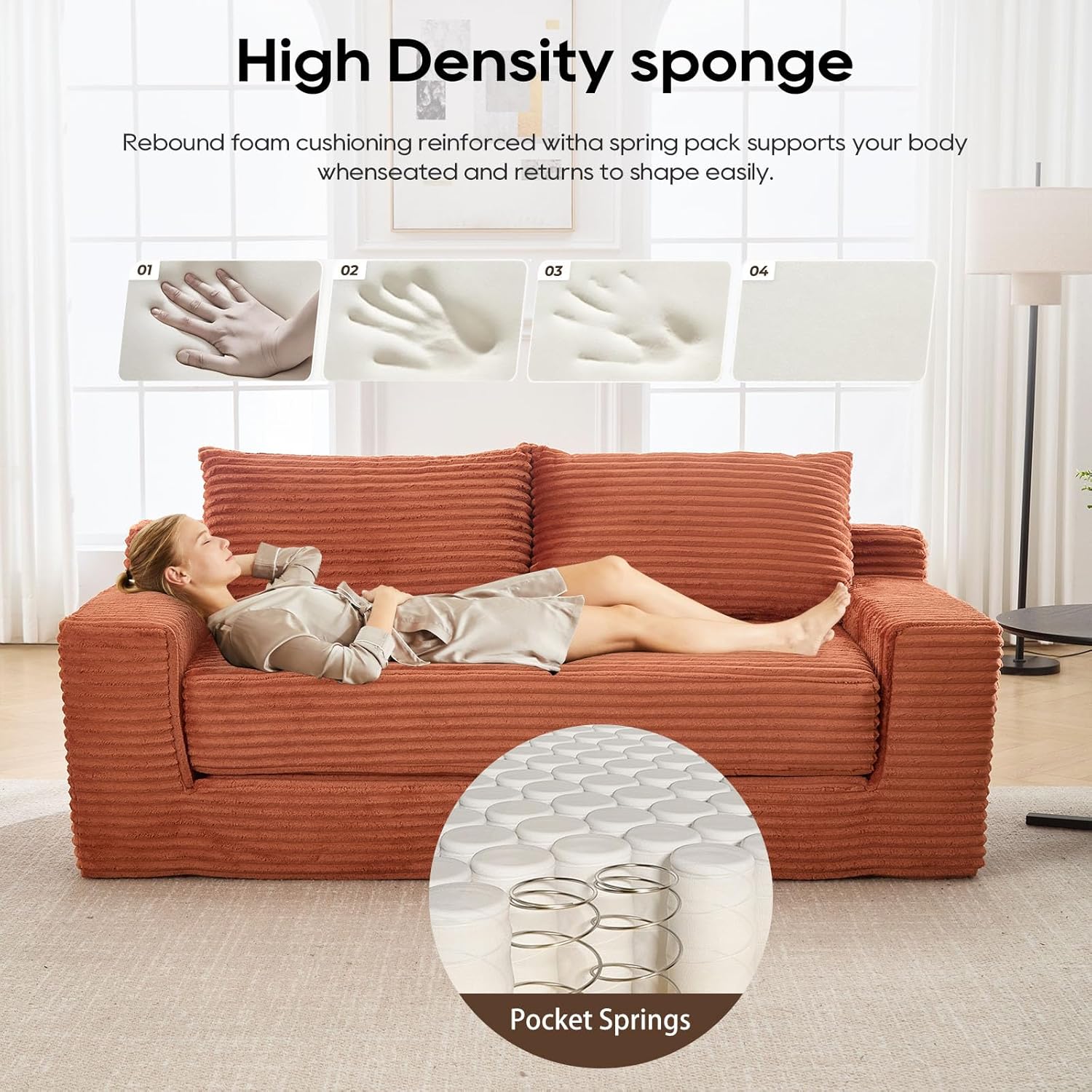 2 in 1 Convertible Sleeper Sofa Bed, 72" Corduroy Loveseat Sofa w/ 2 Pillows, Oversized Chaise Lounge Chair Indoor, Pull Out Couch Bed for Small Spaces/Living Room/Bedroom, No Assembly (Orange)
