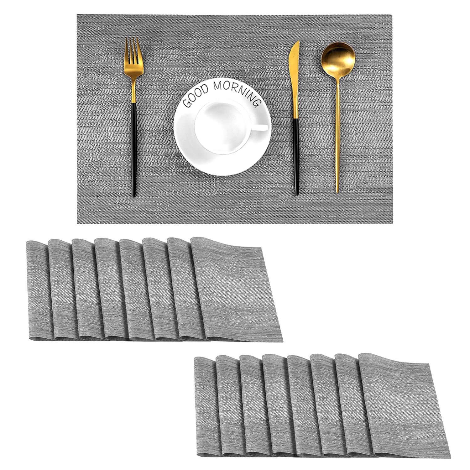 Leetaltree Grey Placemats, Heat Resistant Non-Slip Place mats for Dining Table, Washable Durable PVC Vinyl Woven Table Mats (Set of 16) โ image 1