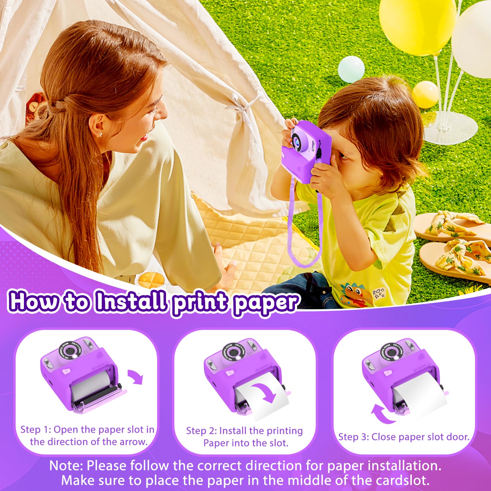 Cámara de impresión instantánea para niños, digital 1080P con tarjeta de 32 GB, portátil con cordón, para niñas y niños de 3 a 8 años 6