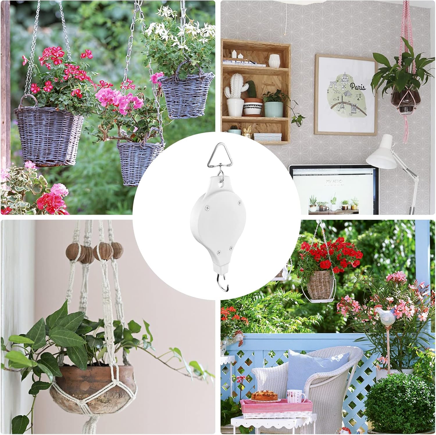 MEGXIT 3 Pack Adjustable Plant Pulley Hanger, Retractable Plant Hanger with 3PCS Metal Ceiling Plant Hooks, Adjustable Plant Hanger for Garden Hanging Basket Pots and Bird Feeder - White