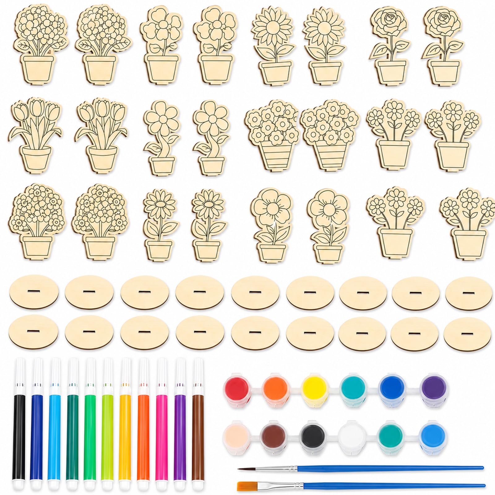 24PCS Wooden Flower Craft Kit, Unfinished Wooden Flowers with Stands & Pens