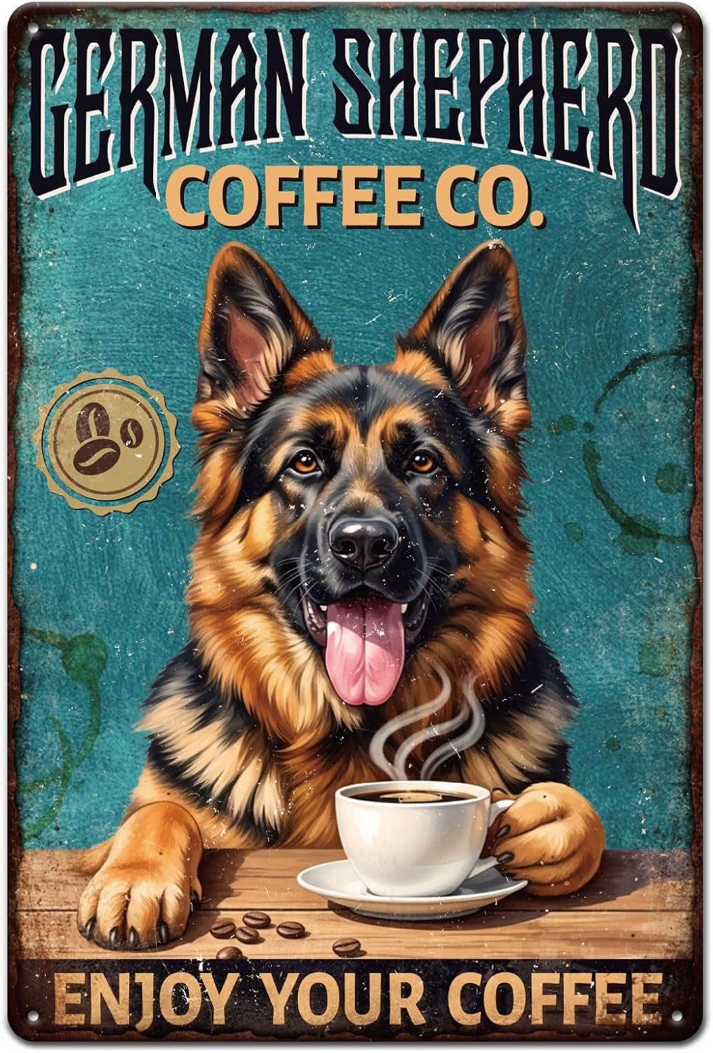 GLOBLELAND Letrero de metal vintage con diseño de pastor alemán y café, de 12 x 8 pulgadas, letrero de hound hound, decoración retro de animales de