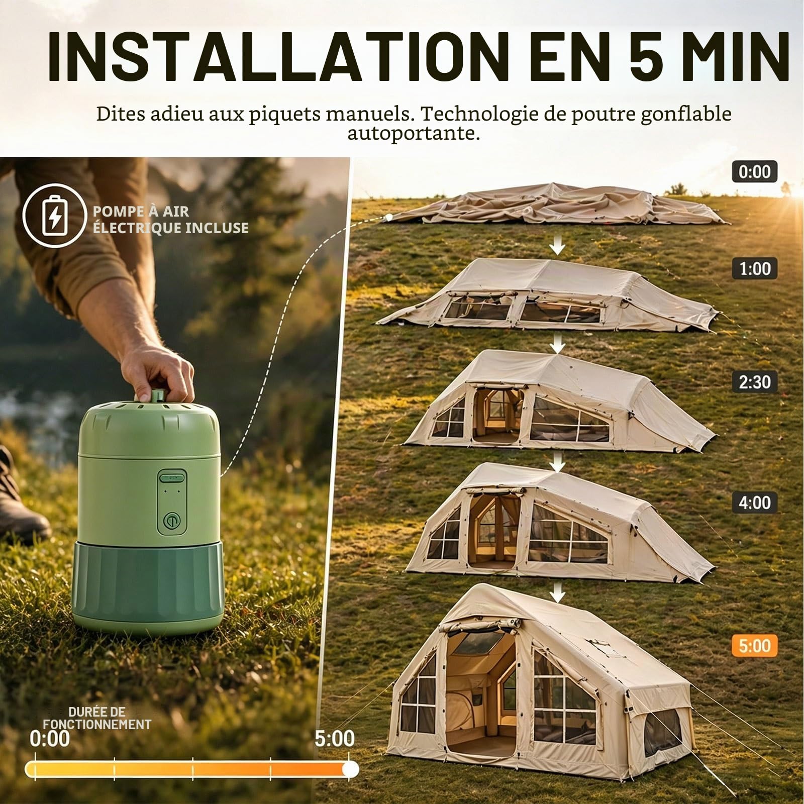 Tente Gonflable Camping 4-8 Personnes, Grande Tente Familiale avec Pompe Électrique, Tente Glamping 4 Saisons avec Jack de Poêle, Abri Extérieur Résistant à la Pluie
