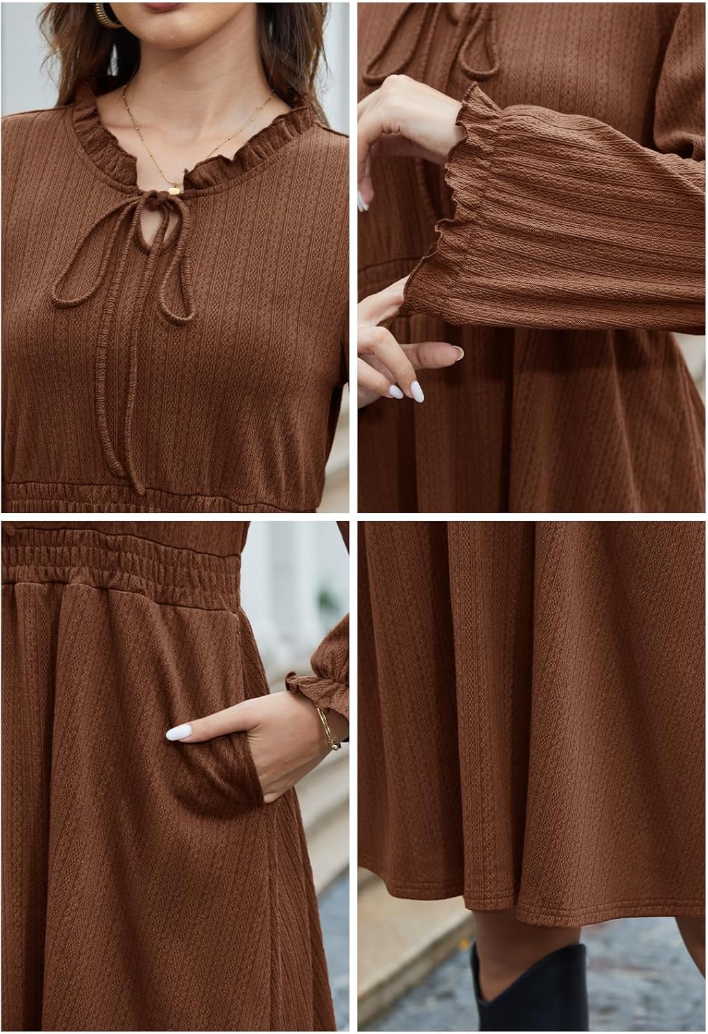 Alaster Queen Women's Fall Long Sleeve Dress Knit Ribbed Tie Front A Line Casual Ruffle Dresses with Pockets - Image 6
