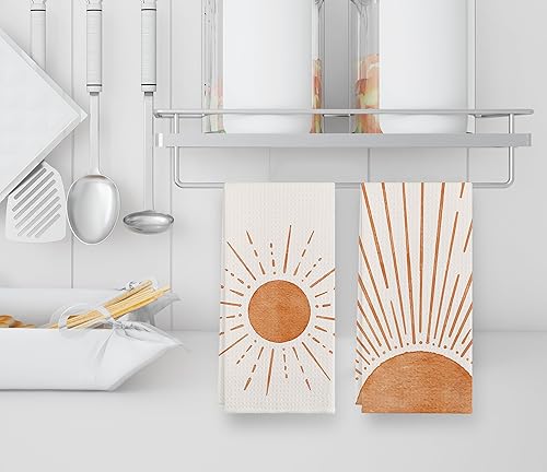 Miniatura 3 de Juego de 2 toallas de cocina modernas de algodón abstracto de 24 x 16 pulgadas, diseño bohemio, amanecer, rayos de sol, sol, rayos de sol, sol y