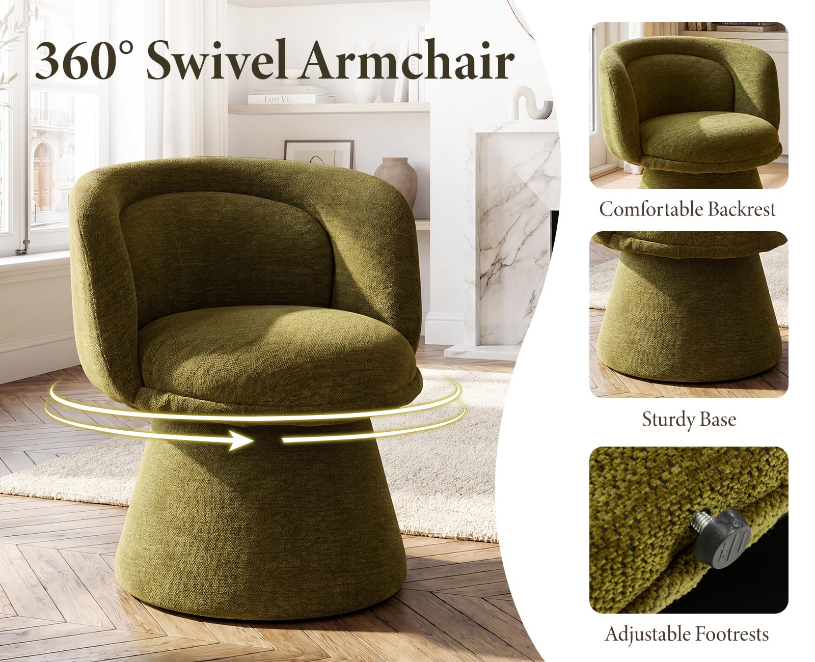 Poltrona Rétro Girevole in Ciniglia per Soggiorno, Verde | Sedia Camera da Letto con Seduta Imbottita, Schienale Curvo, Gambe in Metallo, Ideale per Sala da Pranzo/Casa